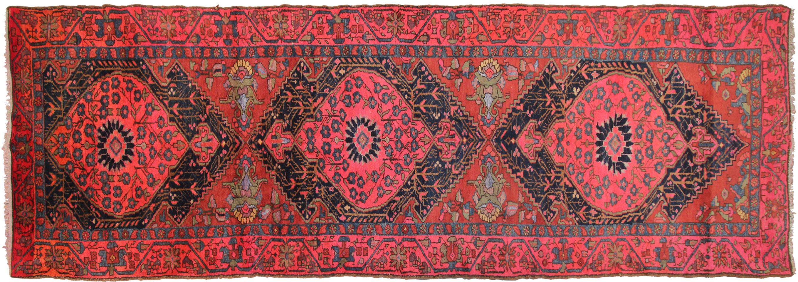 Rare tapis vintage Serapi Senneh Runner Tribal Geometric Pink 4'5