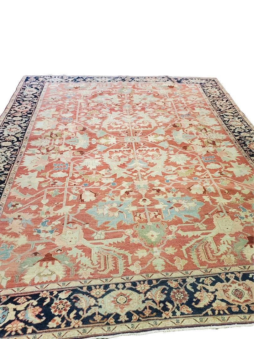 20th Century Antique Serapi Rug, Faded Red & Blue with Navy Border For Sale
