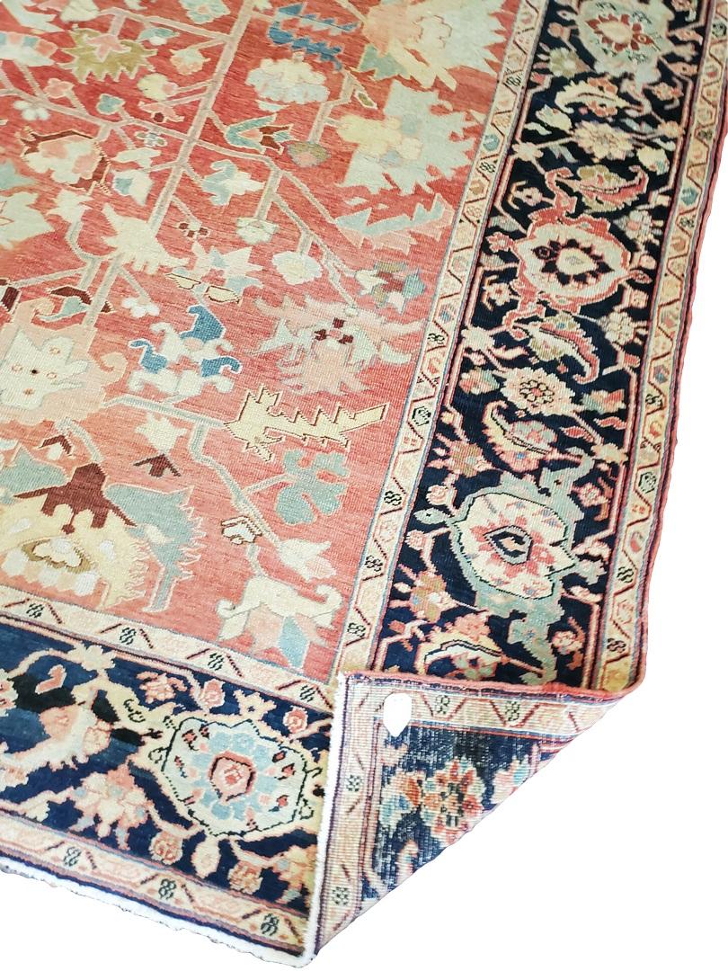 Wool Antique Serapi Rug, Faded Red & Blue with Navy Border For Sale