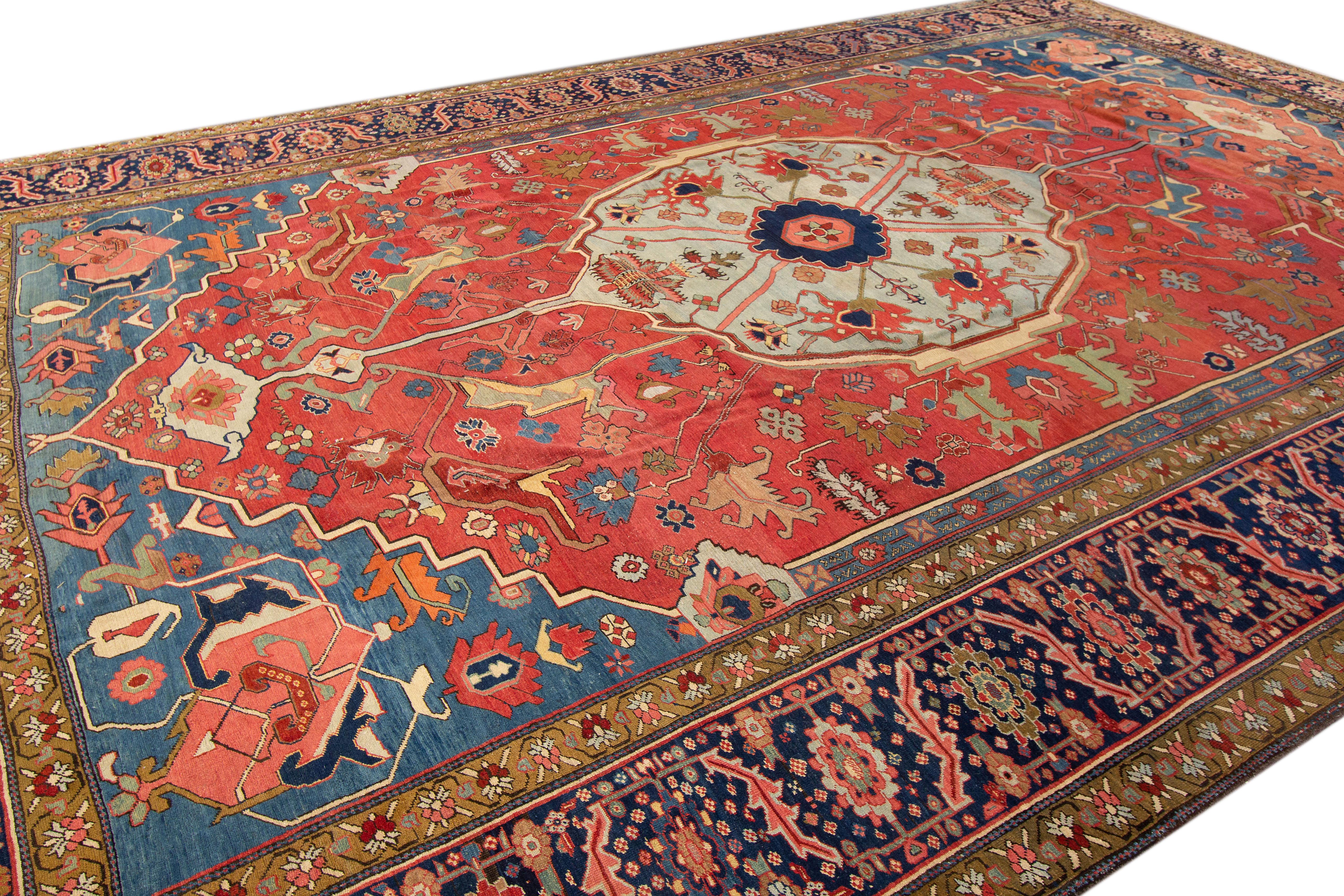 A one-of-a-kind antique Serapi rug with a beautiful geometric medallion design is the perfect addition to your home.

This rug measures 11'8