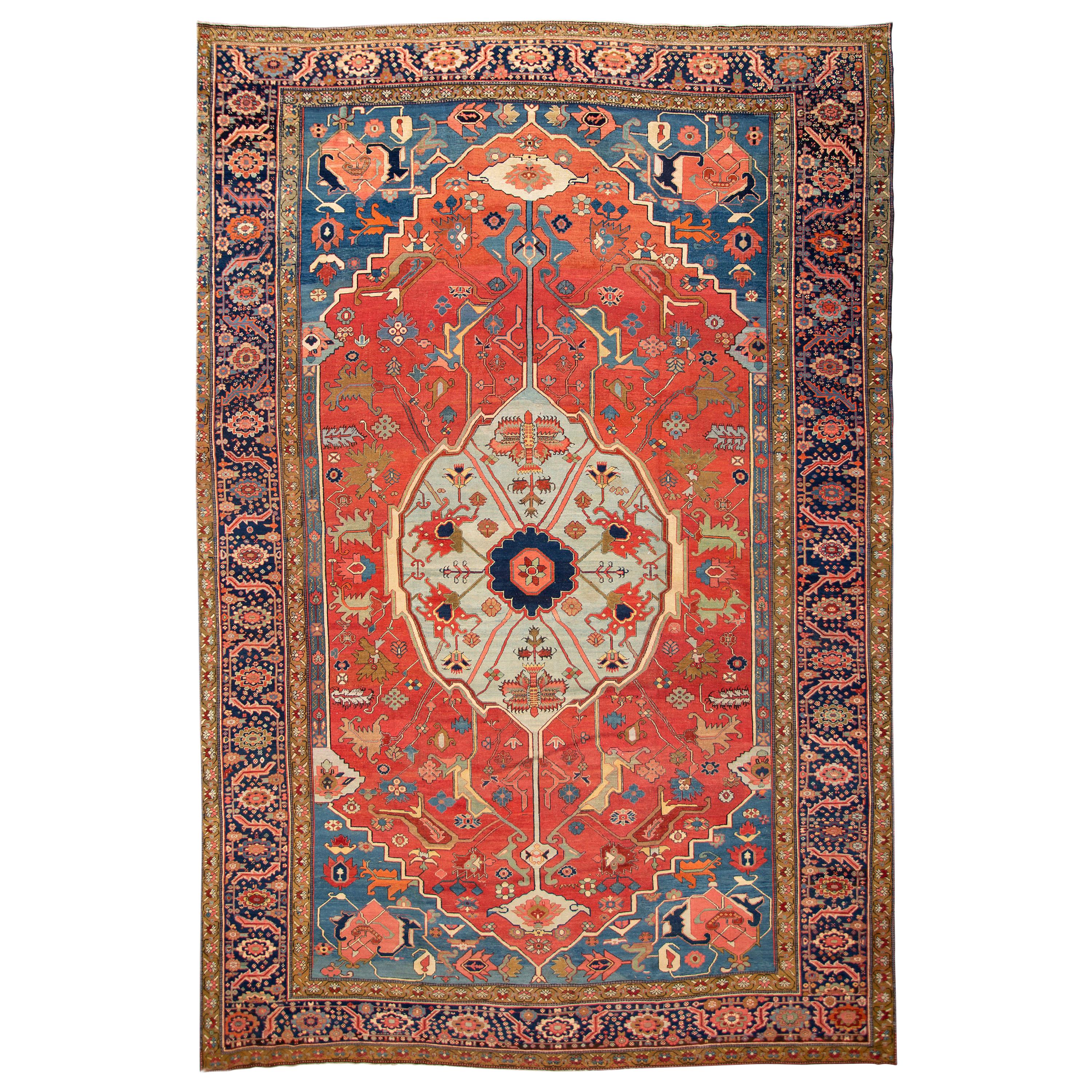 Antique Red Hand-Knotted Serapi Wool Rug For Sale