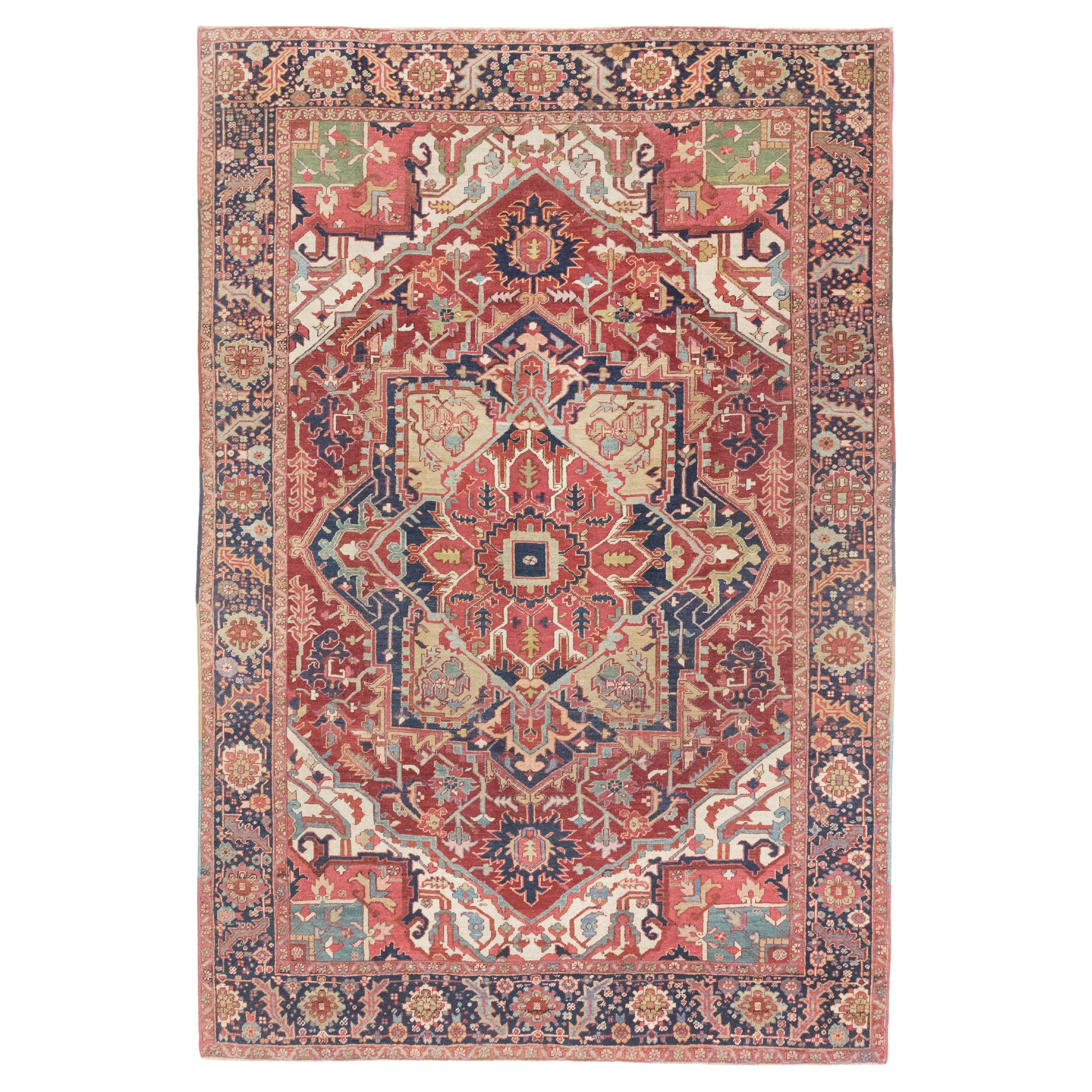 Antiker Serapi Teppich, handgeknüpft, 10.2x7 ft - Rot, Marine und Elfenbein