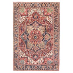 Antiker Serapi Teppich, handgeknüpft, 10.2x7 ft - Rot, Marine und Elfenbein