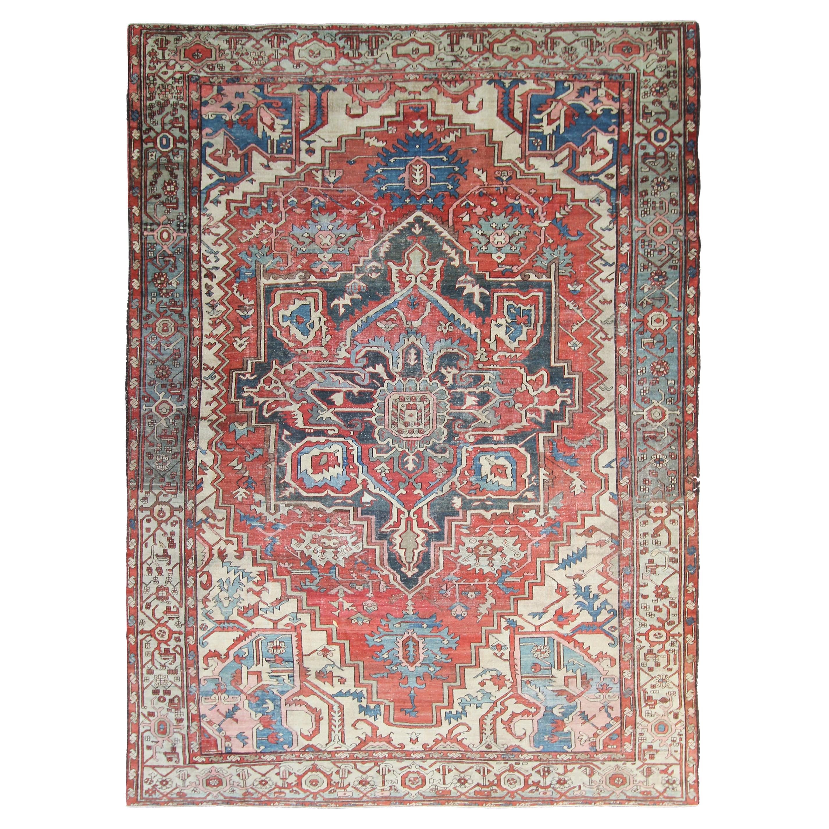 Antique Serapi Rug Handmade Persian Rug 10x13 Geometric Carpet c.1880