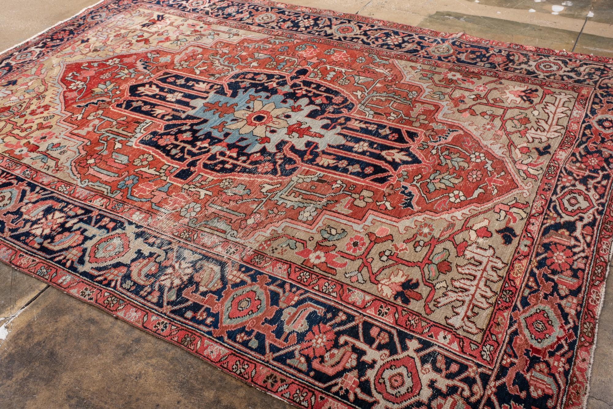 19th Century Antique Serapi Rug with Radiant Medallion and Cream Corners For Sale