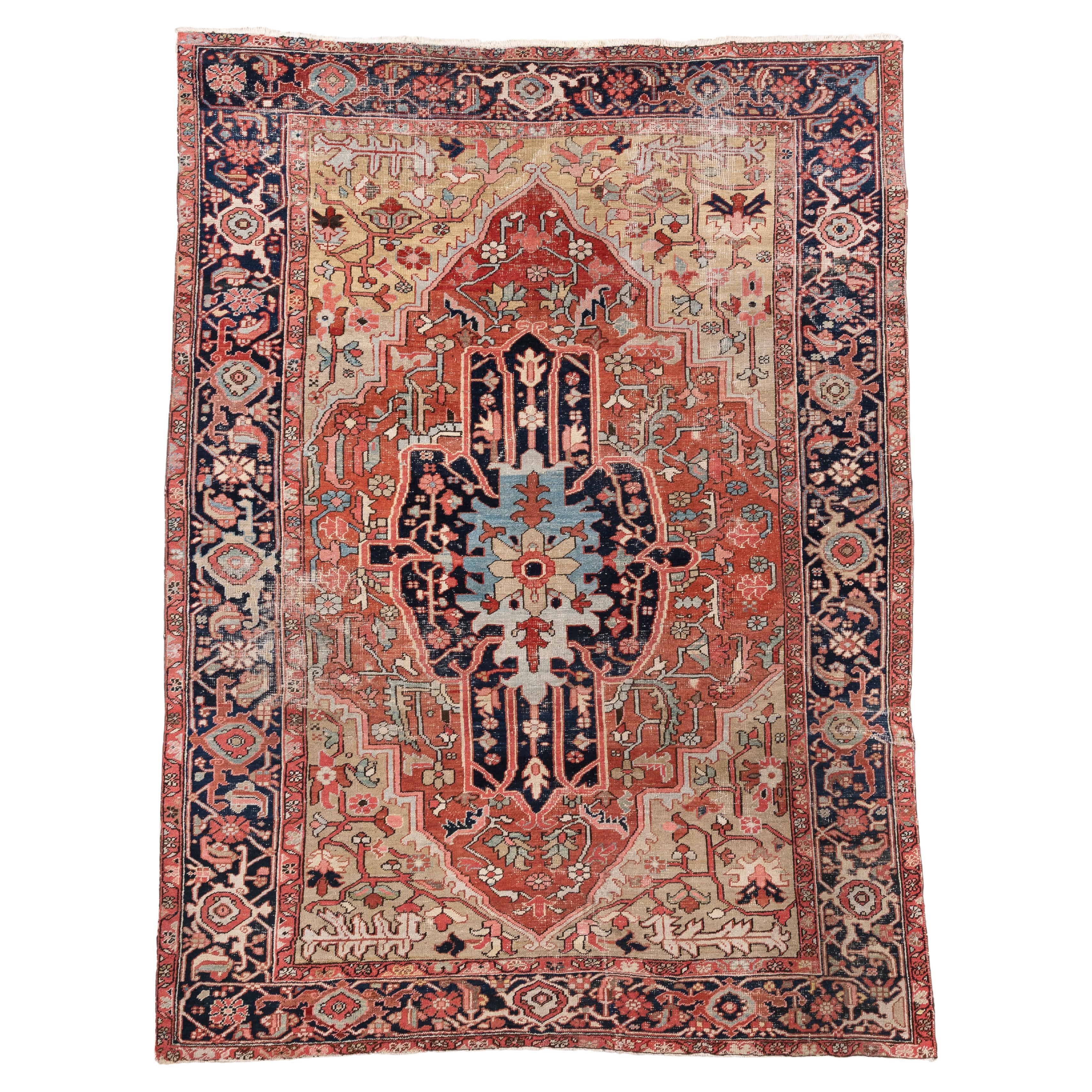 Antique Serapi Rug with Radiant Medallion and Cream Corners For Sale