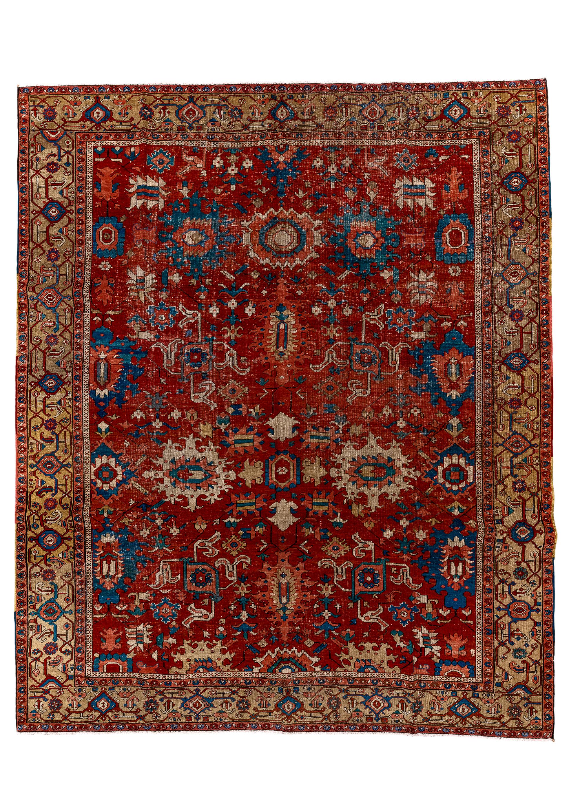 Le champ rouge garance présente une version rustique du motif classique de Harshang avec des palmettes tournées, des palmettes déchiquetées, des palmettes carrées, des rosettes et des 