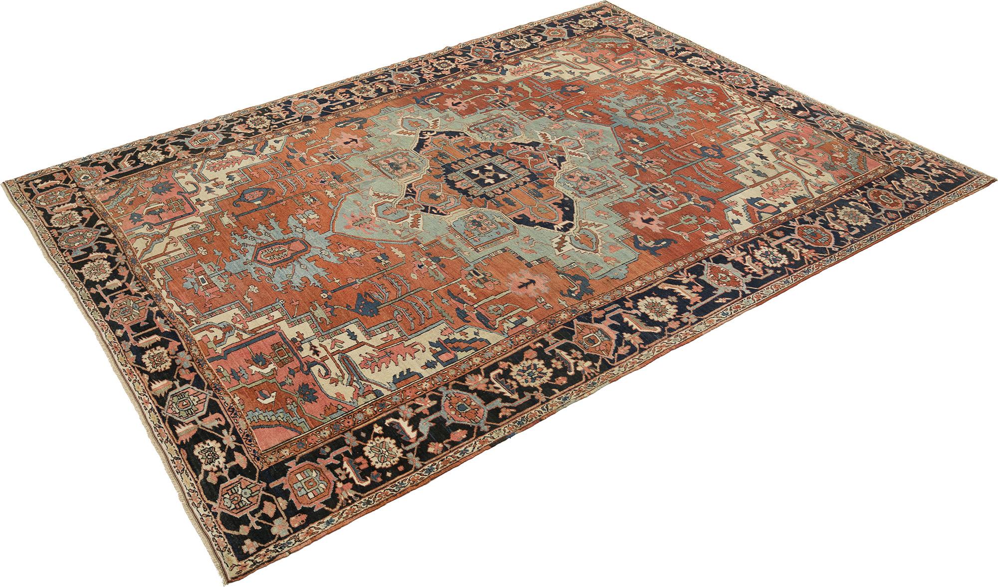 Handgeknüpfter antiker Serapi-Teppich, gewebt in Nordwest-Persien, um 1890.

Ein kühnes zentrales Medaillon mit kantigen, geometrischen Motiven in Himmelblau, Grün und Elfenbein auf einem Terrakotta-Feld. Das Muster wird von einer dunklen