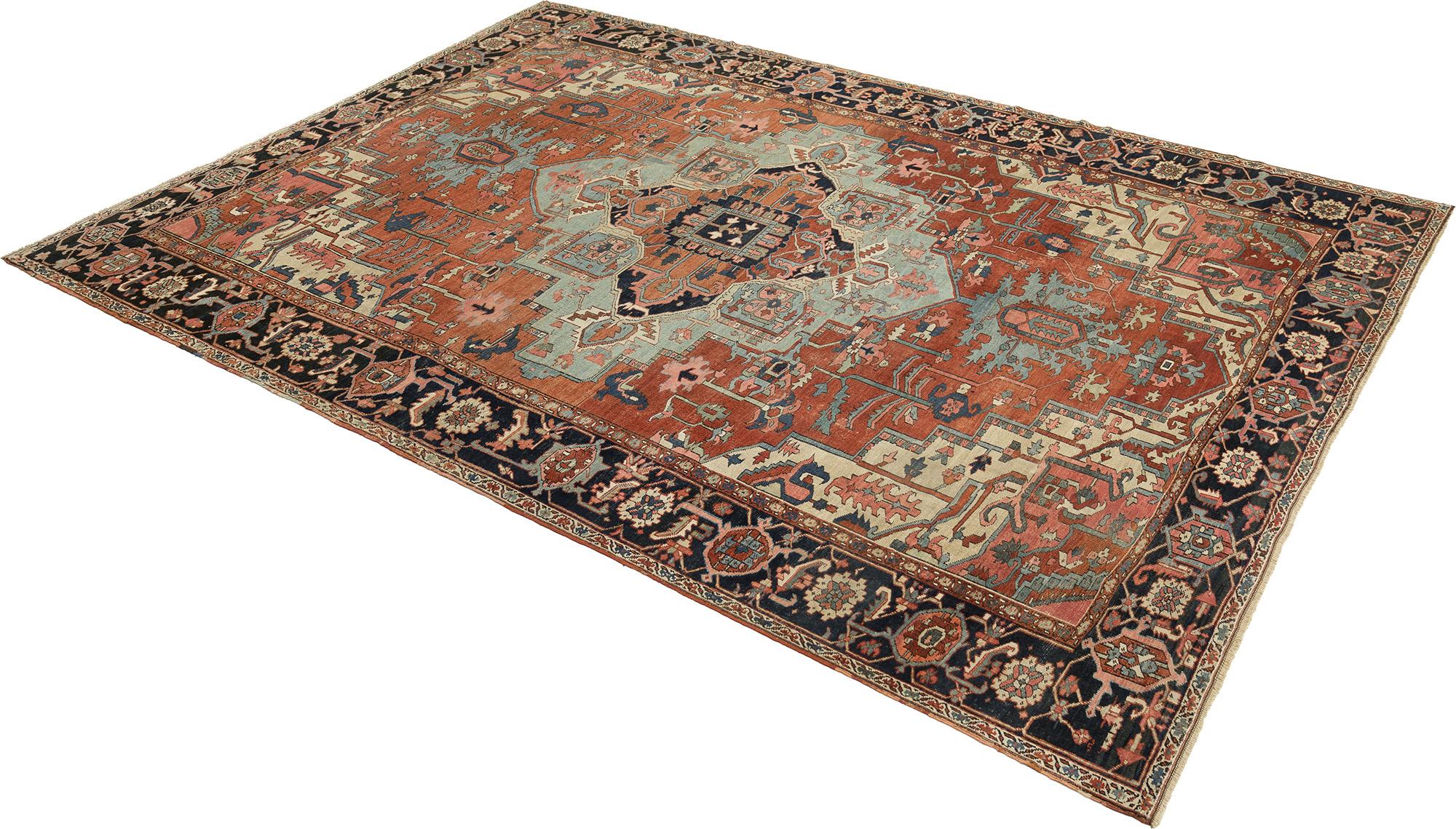 Antikes Serapi (himmelblaues, grünes, elfenbeinfarbenes und terrakotta-rotes Feld, 424cm x 320cm) (Persisch) im Angebot