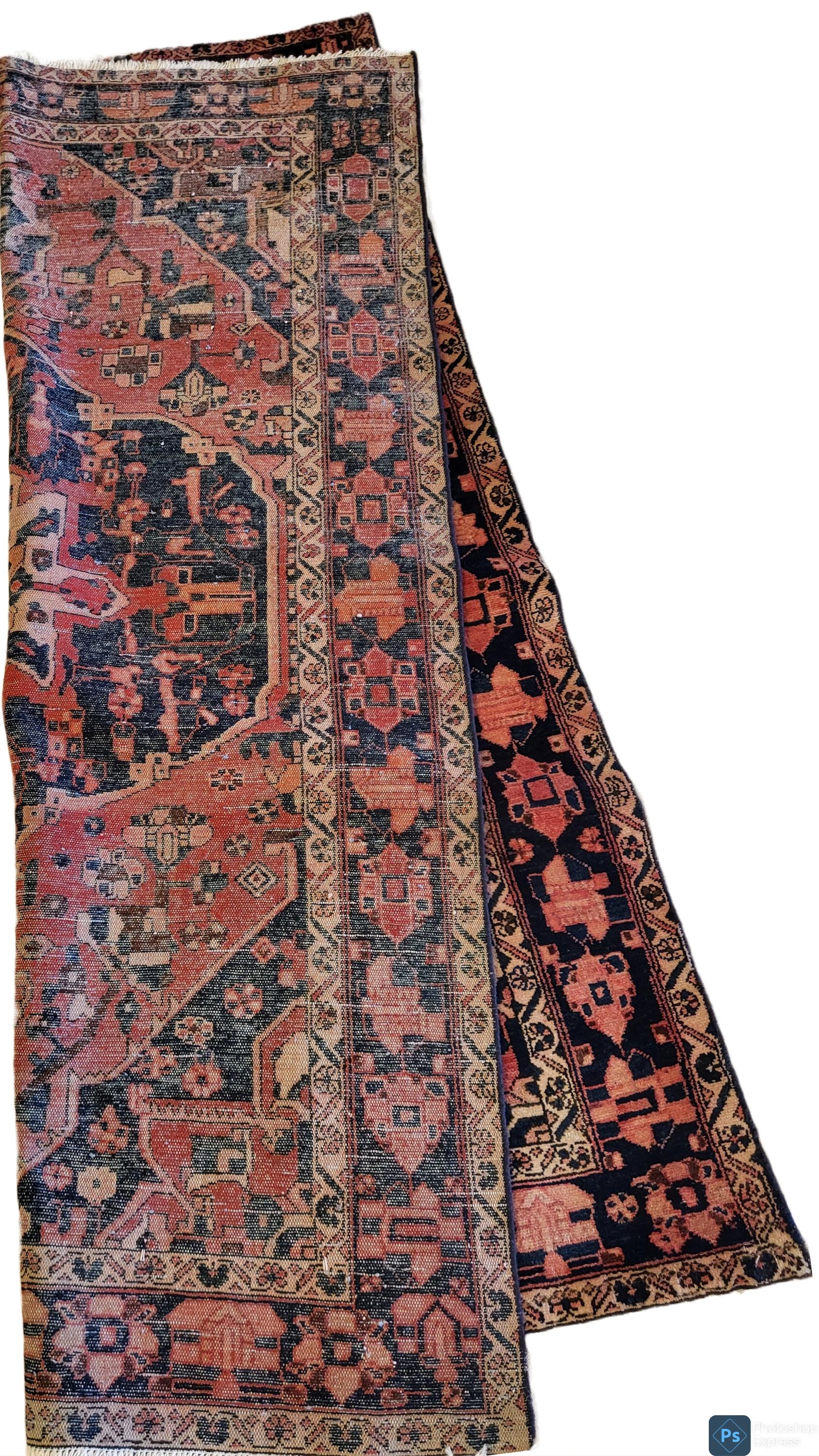 Heriz Serapi Antique Serapi Style Bakhtiari - Pink / Navy Tribal Persian Rug For Sale