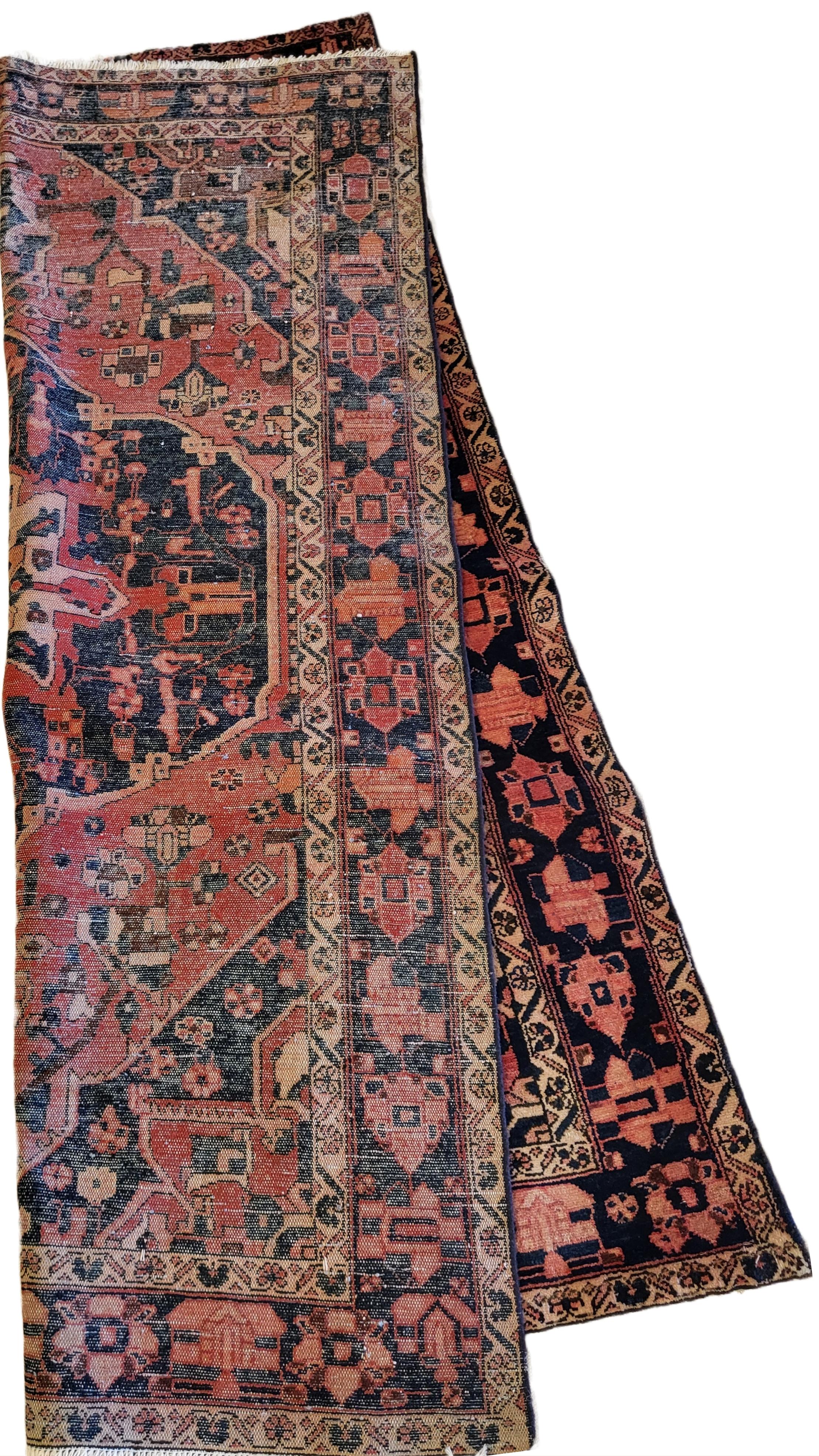 Hand-Knotted Antique Serapi Style Bakhtiari - Pink / Navy Tribal Persian Rug For Sale