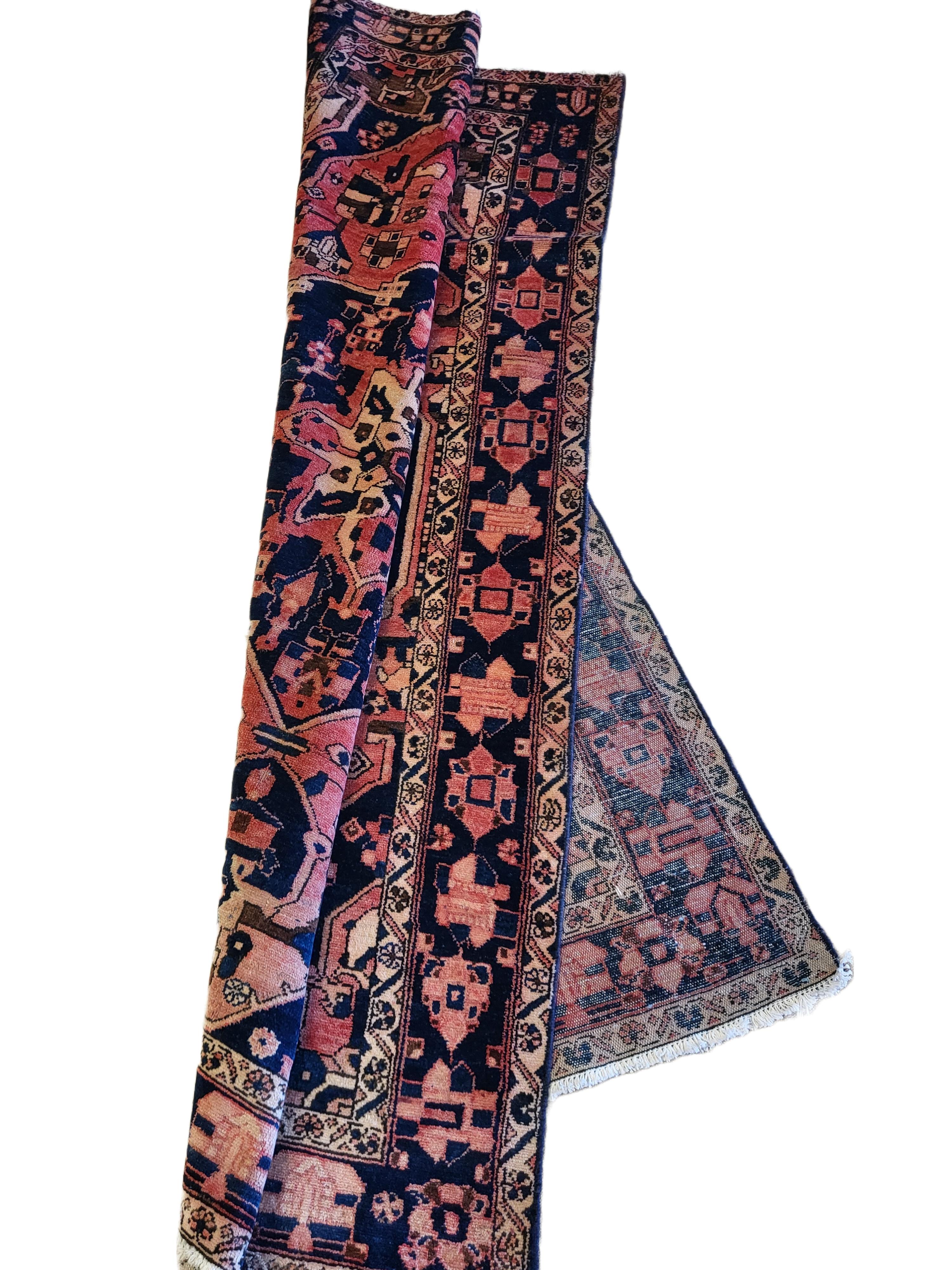 Antique Serapi Style Bakhtiari - Pink / Navy Tribal Persian Rug In Good Condition For Sale In Blacksburg, VA