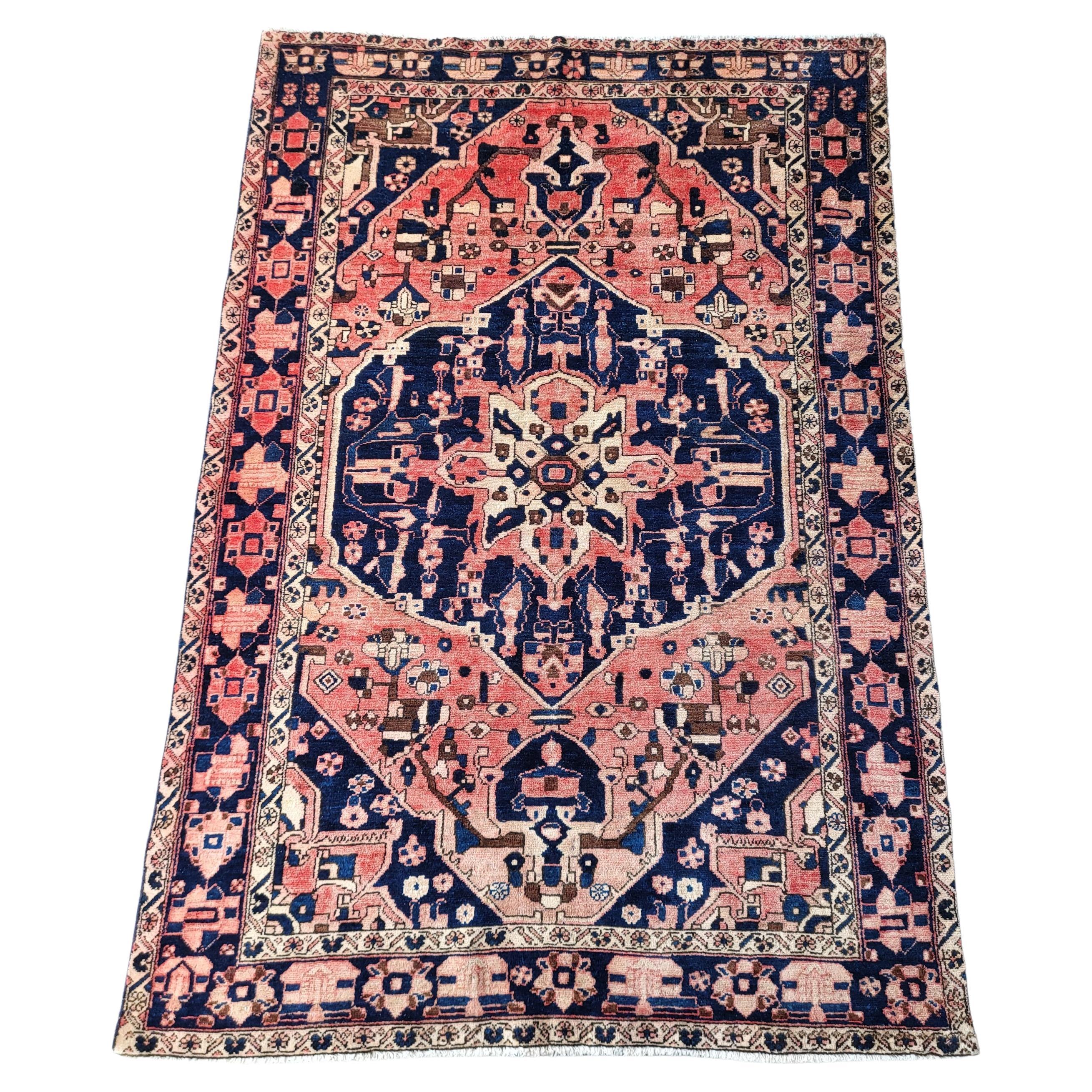 Antique Serapi Style Bakhtiari - Pink / Navy Tribal Persian Rug For Sale