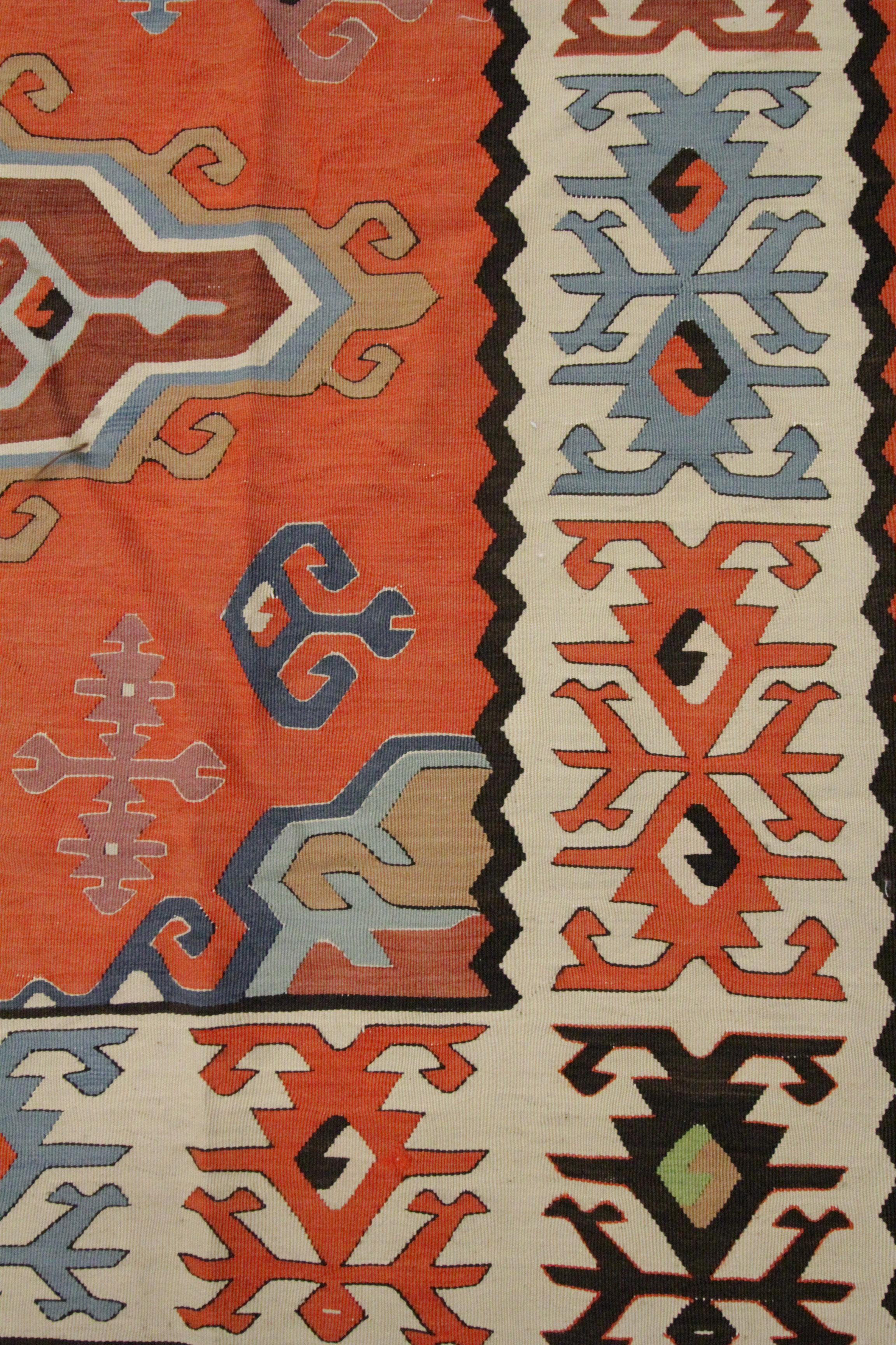 Antique Serbian Kilim Handwoven Geometric Rust Wool Living Room Rug In Excellent Condition For Sale In Hampshire, GB
