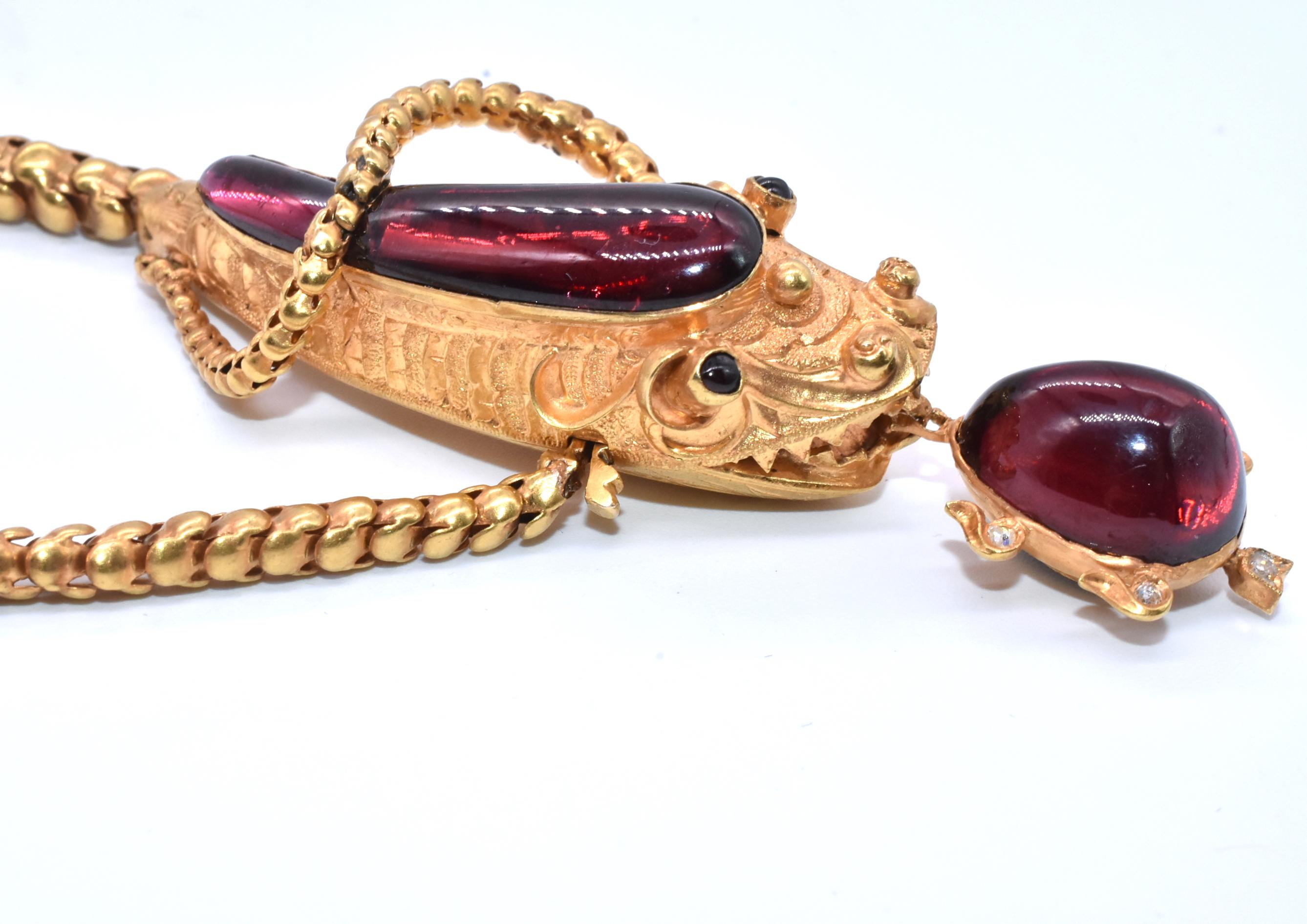Antique Serpent Biting Turtle Choker with Garnets and Diamonds 8