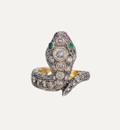 Antique Gold Silver Serpent Ring, 2.00ct Diamond Emerald Ruby