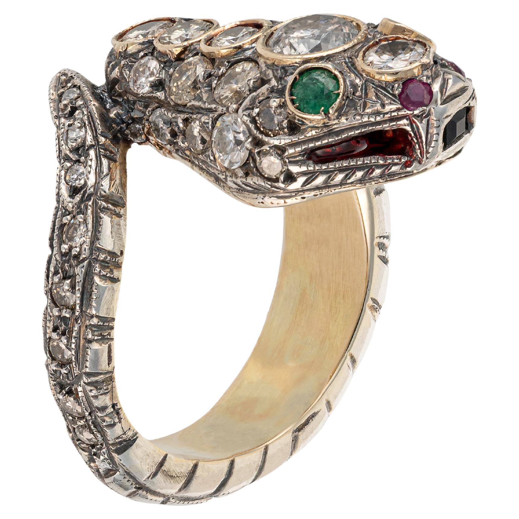 Antique Serpent Diamond Emerald Ruby Gold and Silver Ring For Sale
