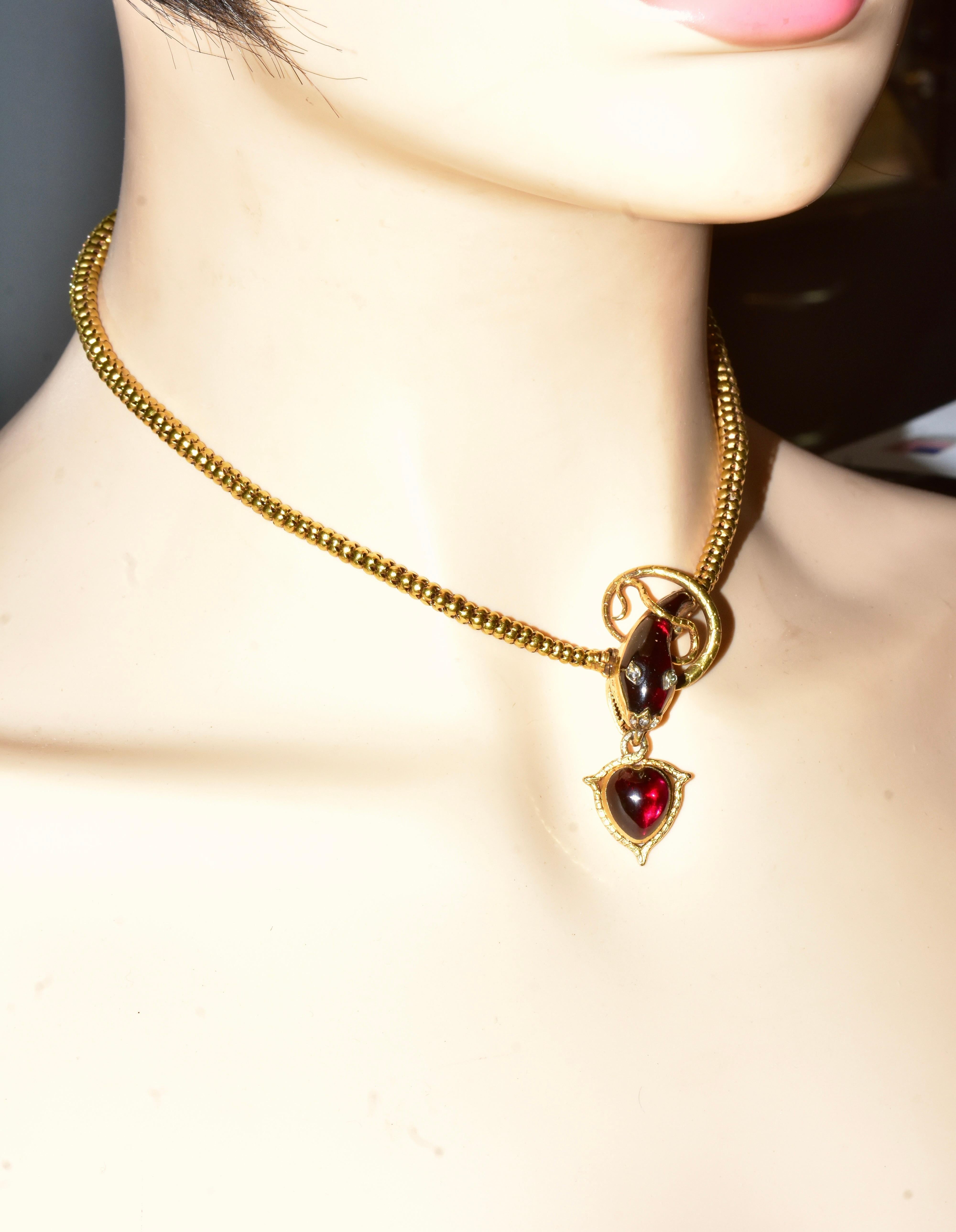 Antique Serpent & Heart Necklace with fancy cut Garnet & Diamond Eyes, c. 1870 For Sale 6