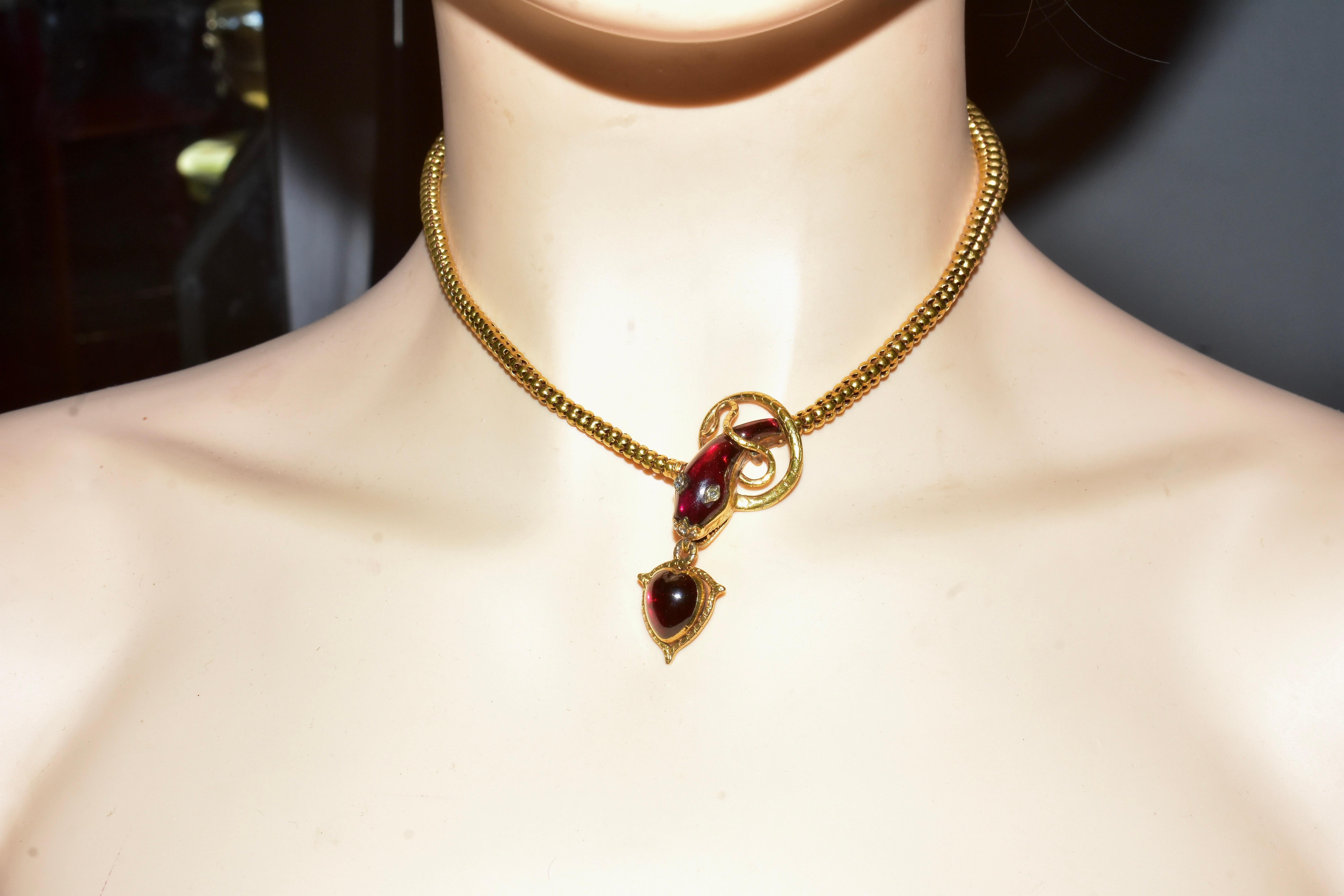 Antique Serpent & Heart Necklace with fancy cut Garnet & Diamond Eyes, c. 1870 For Sale 7