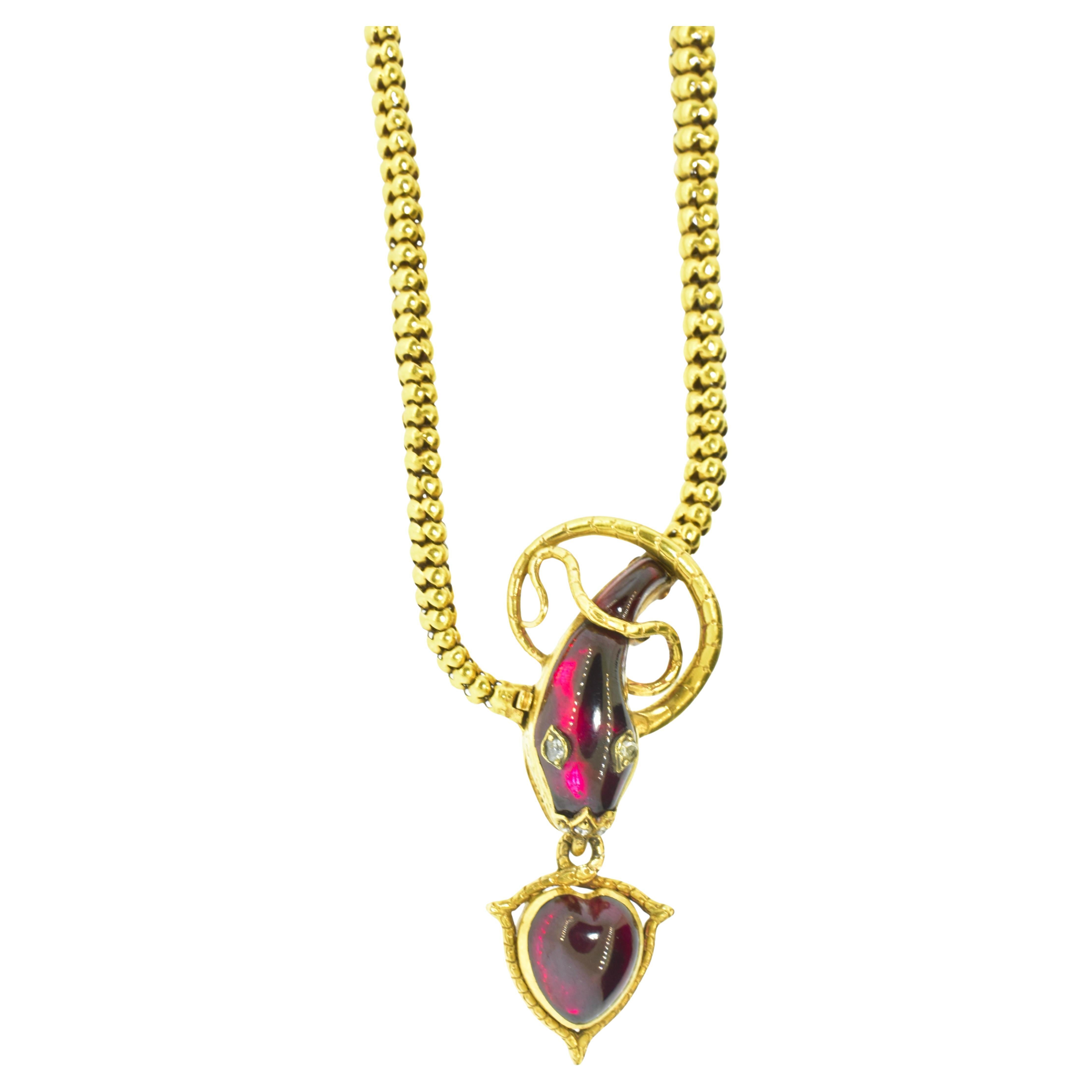 Collier ancien serpent et cœur avec yeux en grenat et diamants de taille fantaisie, vers 1870 en vente 8