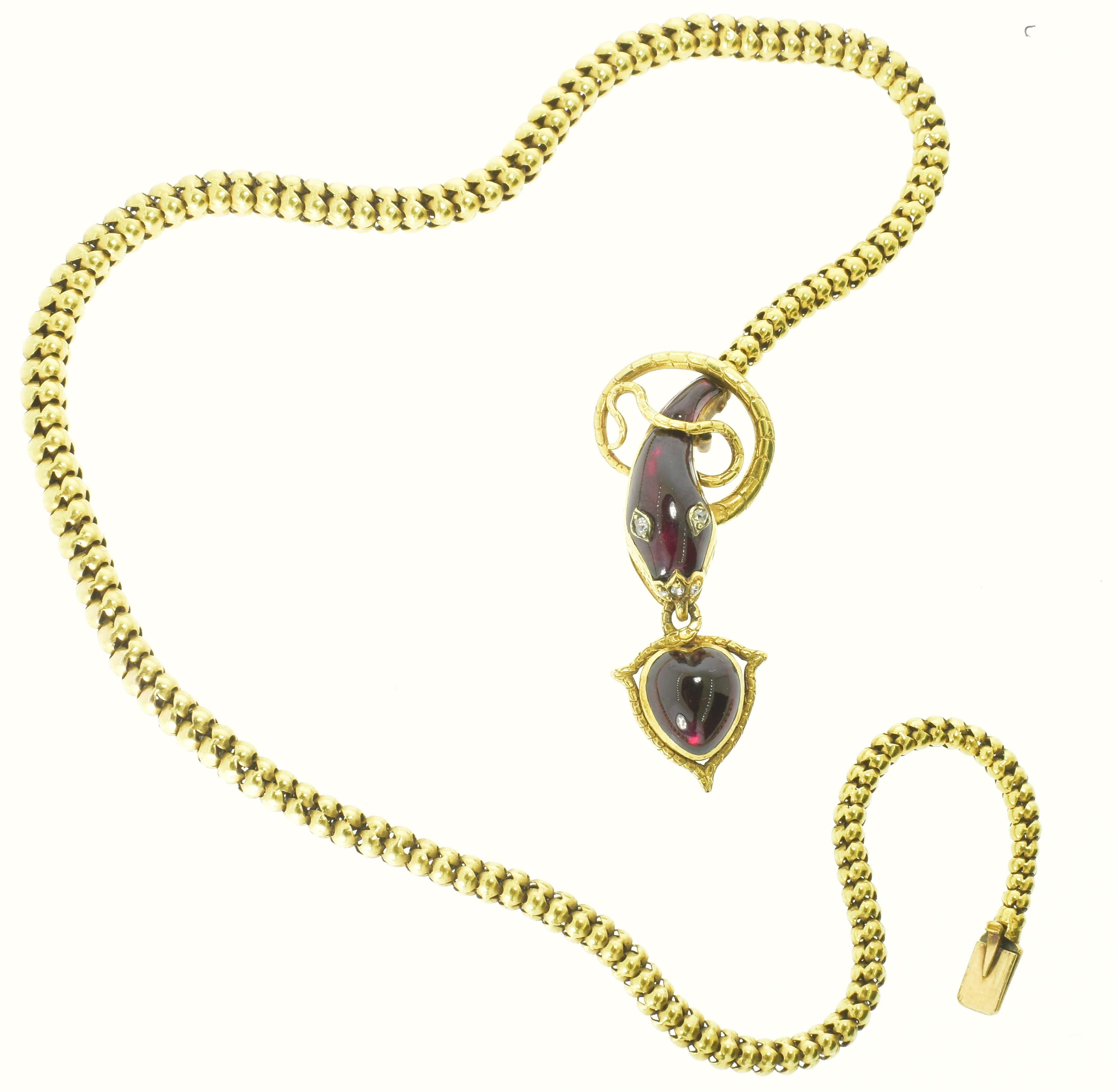 Victorian Antique Serpent & Heart Necklace with fancy cut Garnet & Diamond Eyes, c. 1870 For Sale