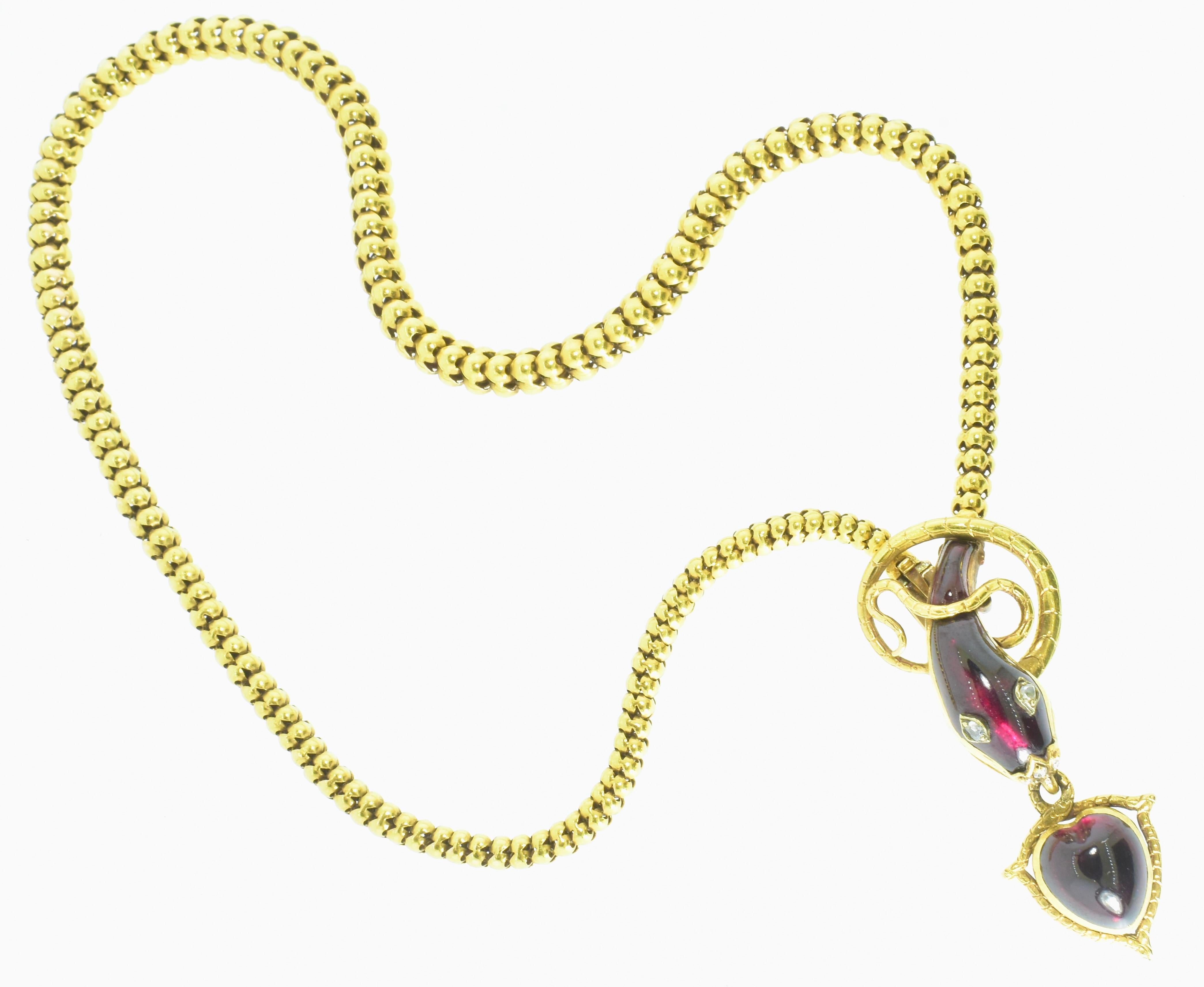 Cabochon Antique Serpent & Heart Necklace with fancy cut Garnet & Diamond Eyes, c. 1870 For Sale