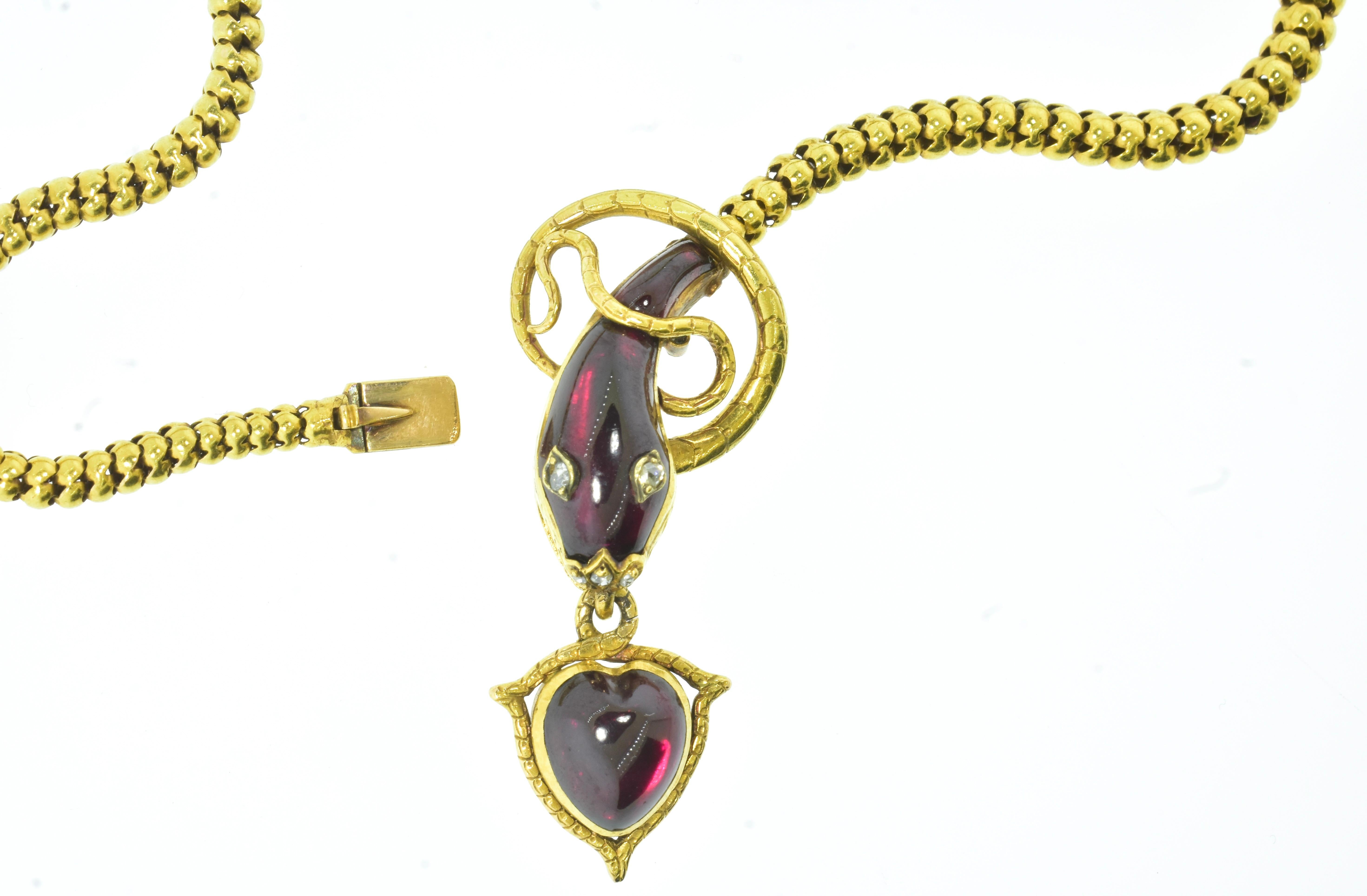 Antike Schlangen- und Herz-Halskette mit Granat- und Diamantaugen im Fantasieschliff, um 1870 im Zustand „Hervorragend“ im Angebot in Aspen, CO