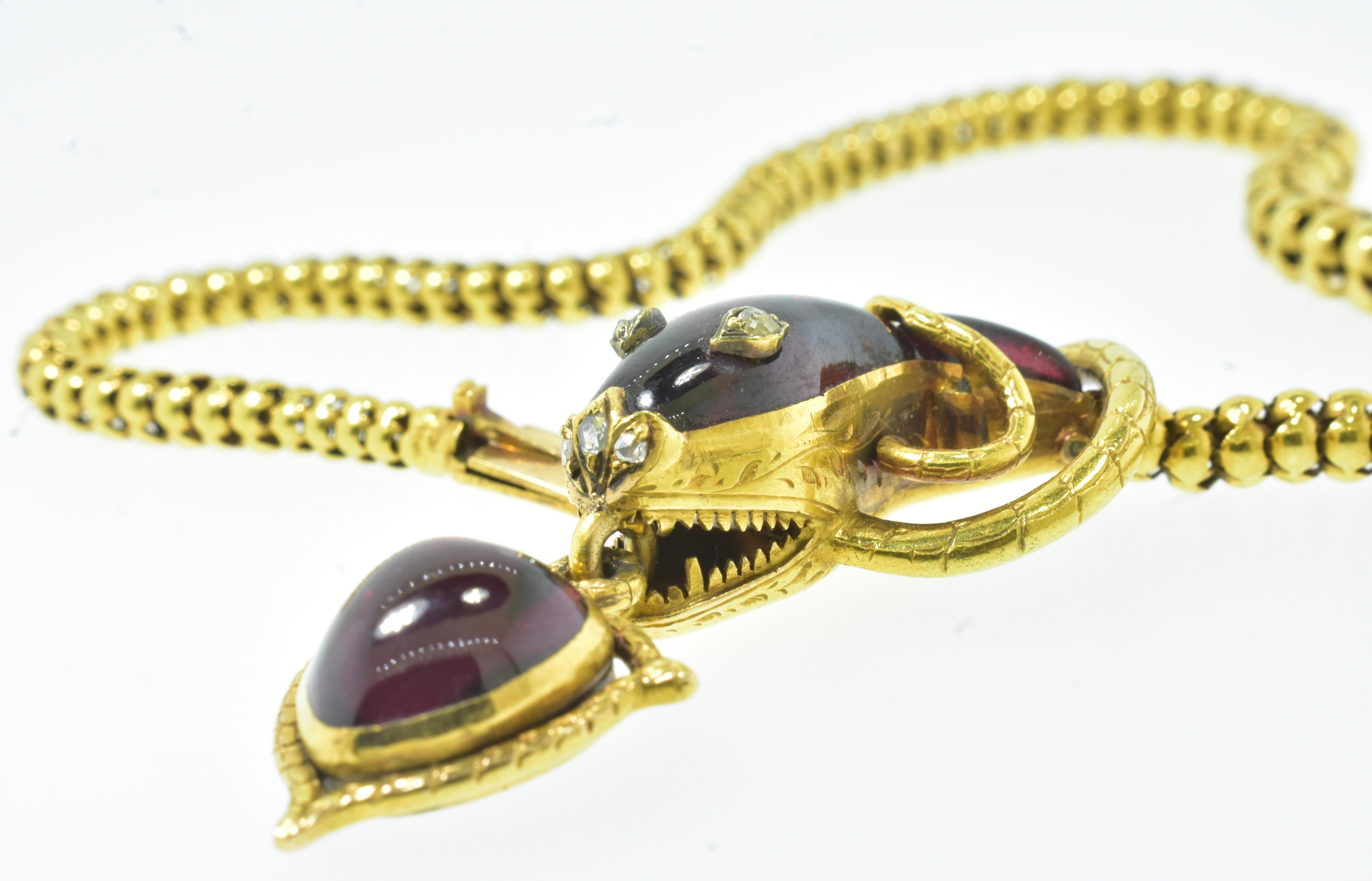 Women's or Men's Antique Serpent & Heart Necklace with fancy cut Garnet & Diamond Eyes, c. 1870 For Sale