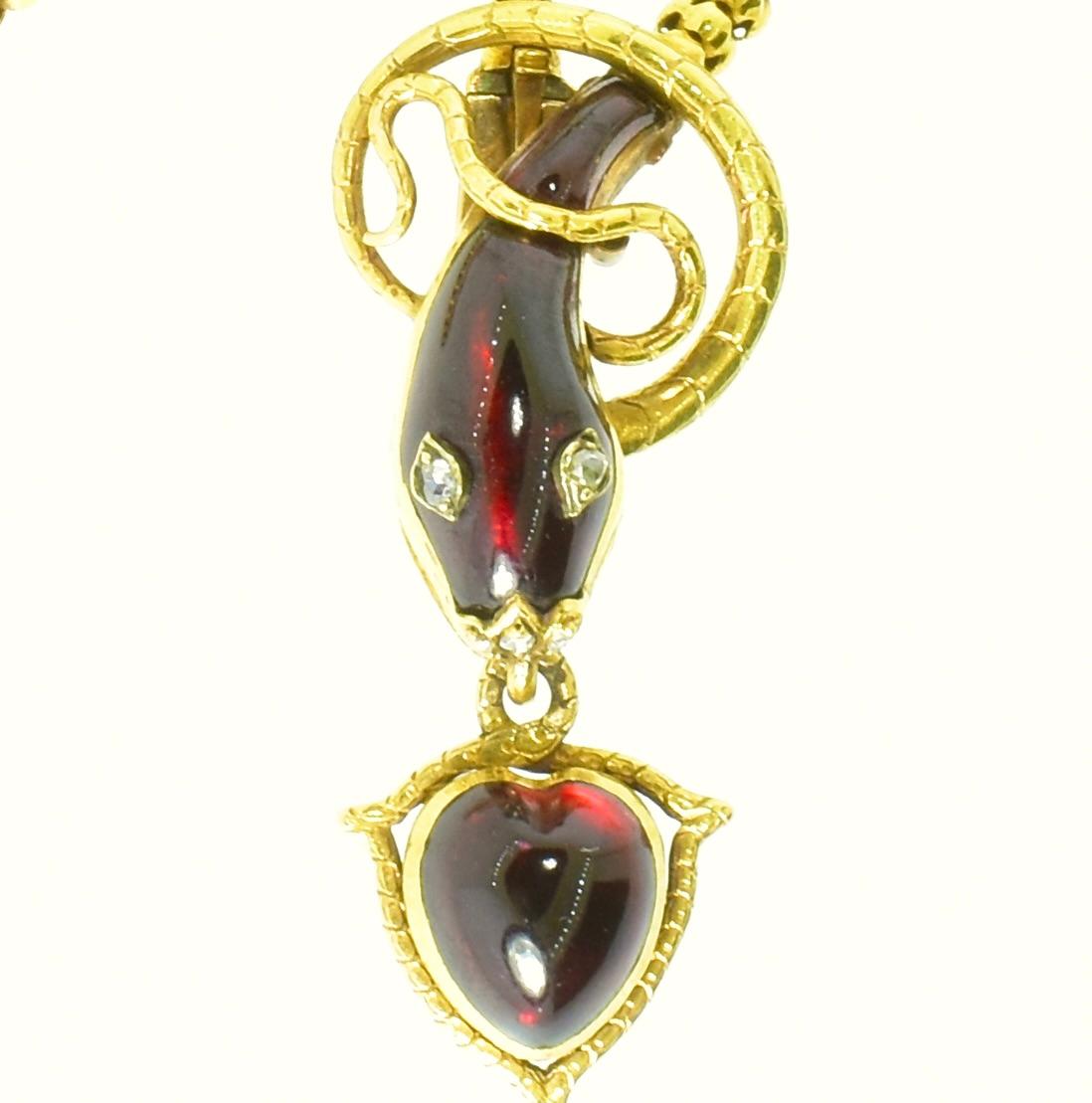Antike Schlangen- und Herz-Halskette mit Granat- und Diamantaugen im Fantasieschliff, um 1870 im Angebot 1