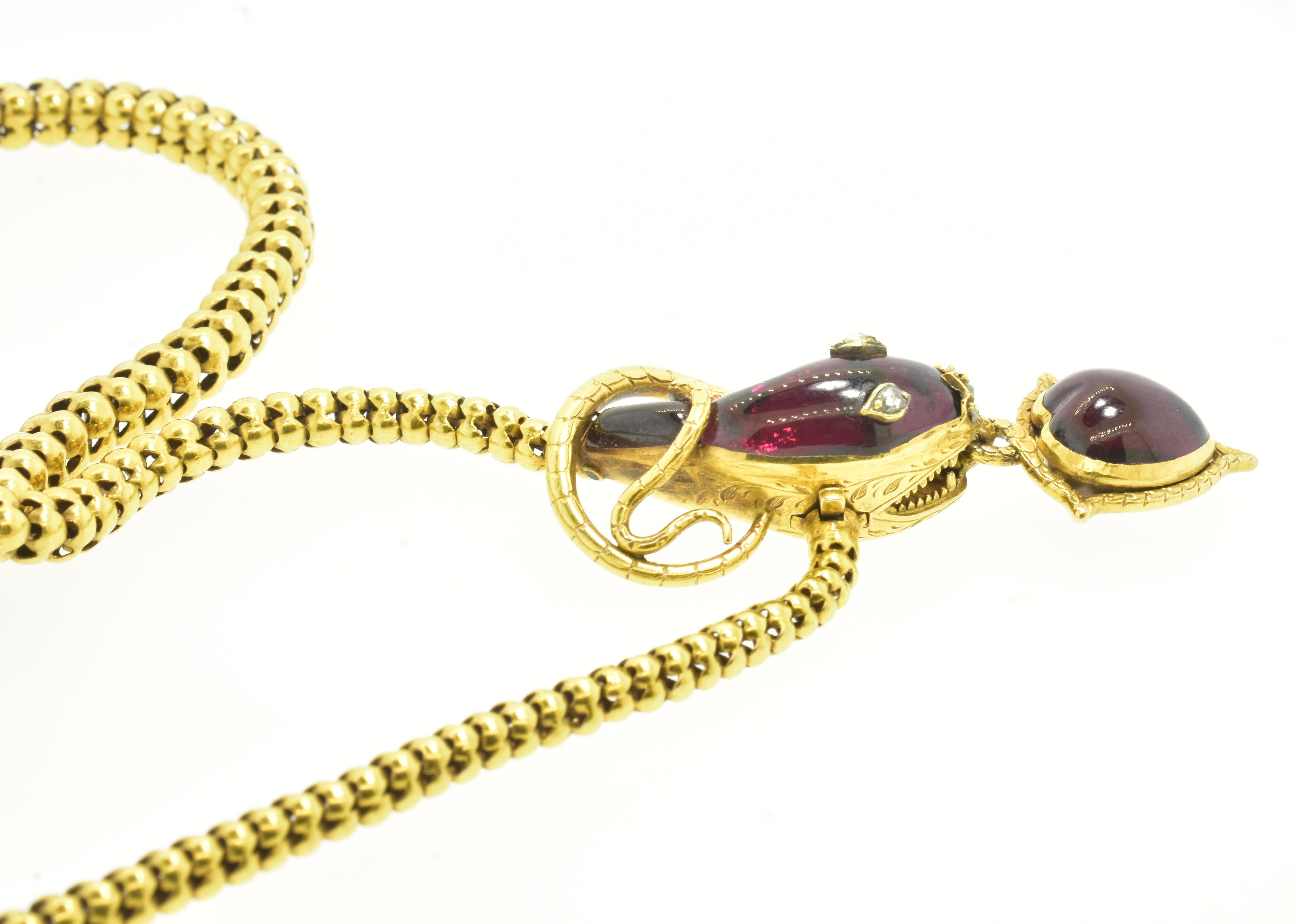 Antike Schlangen- und Herz-Halskette mit Granat- und Diamantaugen im Fantasieschliff, um 1870 im Angebot 2
