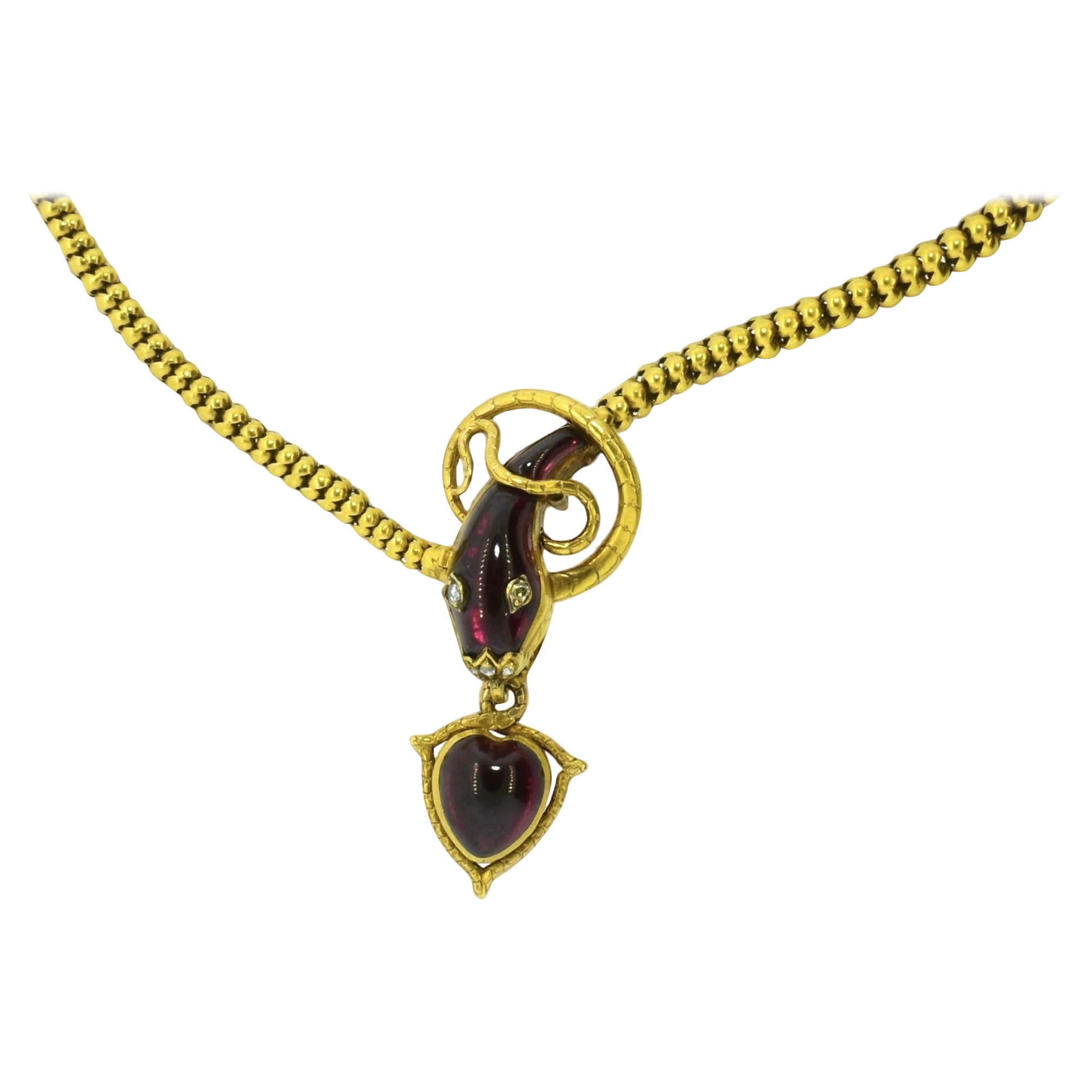 Antique Serpent 
Heart Necklace with fancy cut Garnet 
Diamond Eyes, c. 1870 For Sale