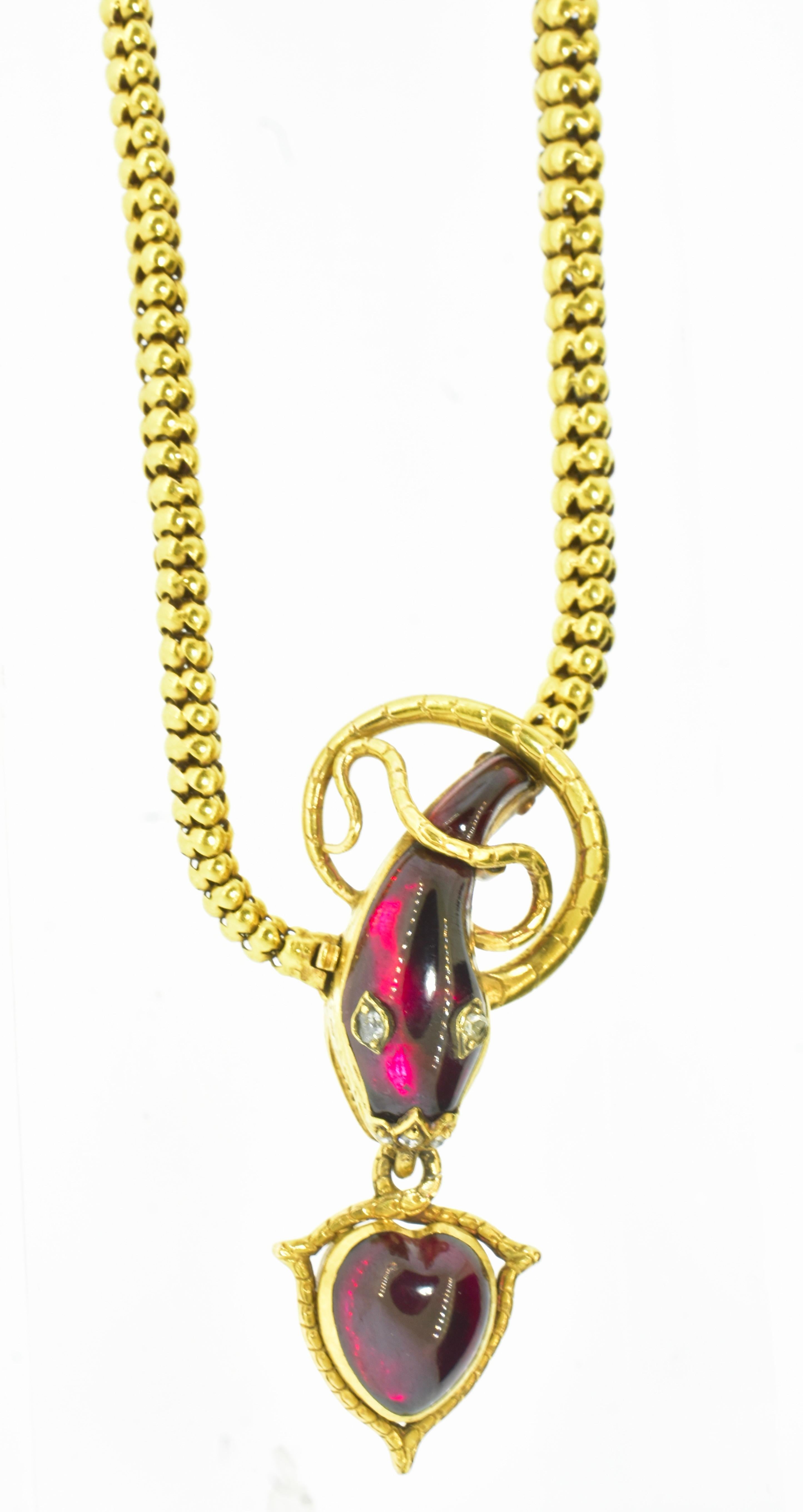 Antique Serpent & Heart Necklace with fancy cut Garnet & Diamond Eyes, c. 1870 For Sale