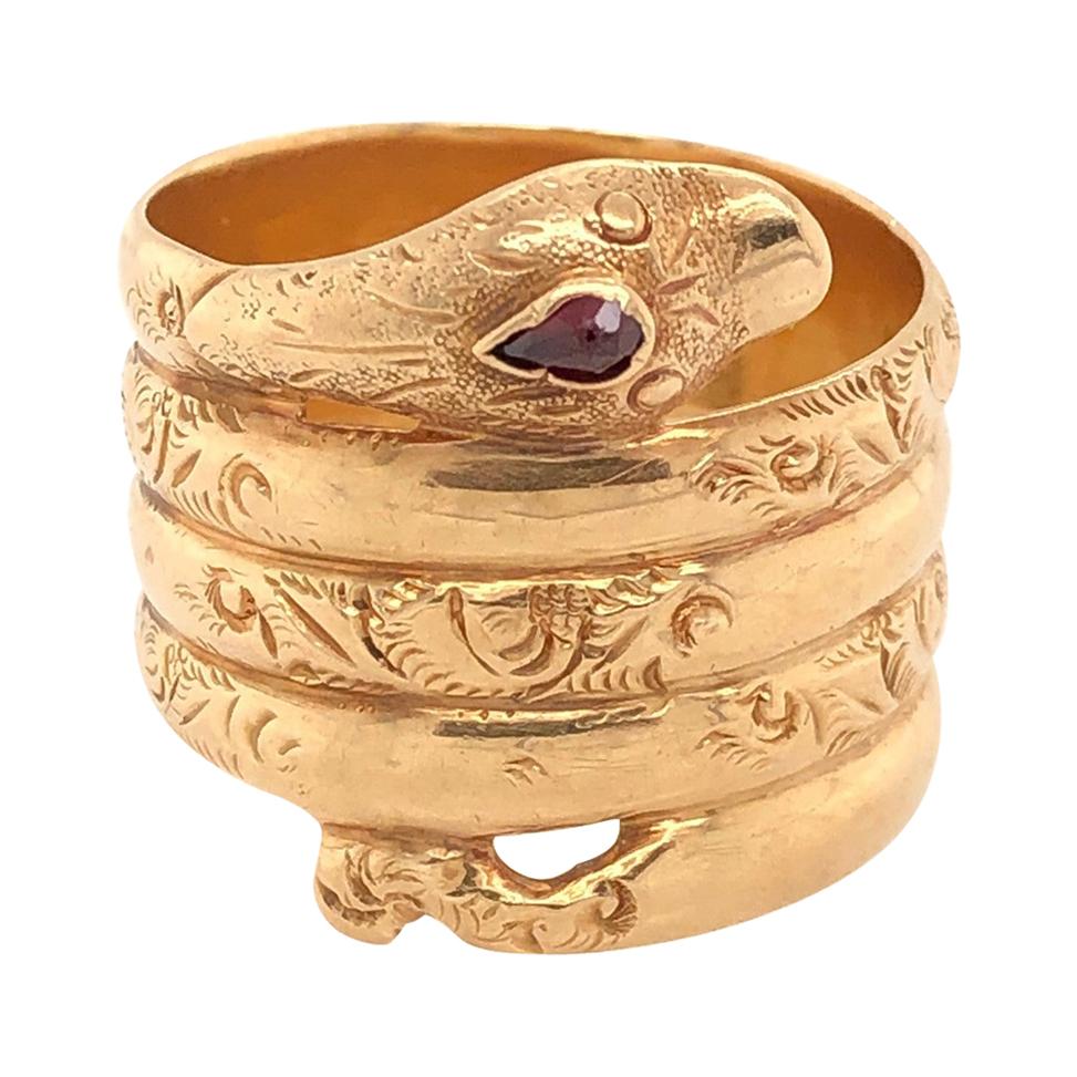 Antique 18 Karat Yellow Gold Serpent Ring w Ruby Eye