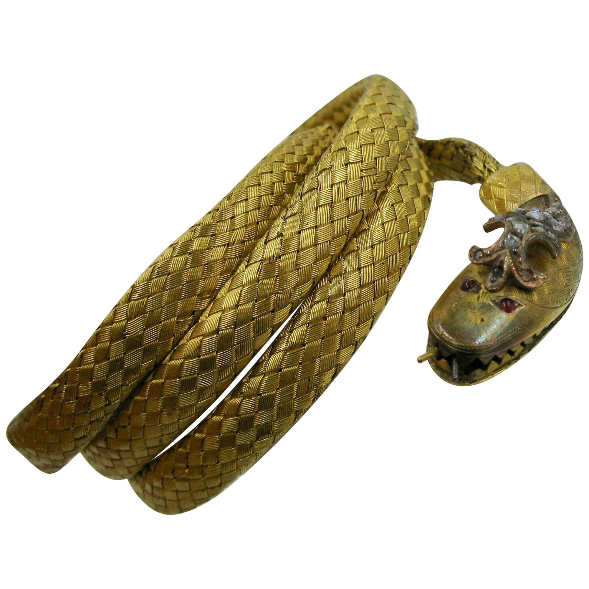 Antique Serpent Snake Bracelet Diamond Crown Ruby Eyes 14 Karat Gold circa 1840 For Sale