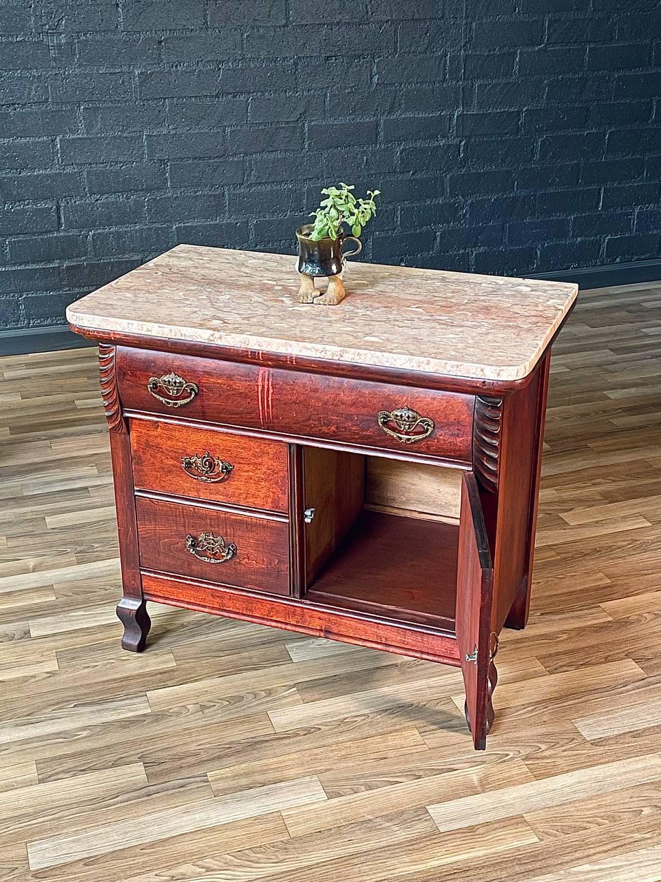 American Antique Serpentine Entry Stand Dresser w/ Pink Marble Top For Sale