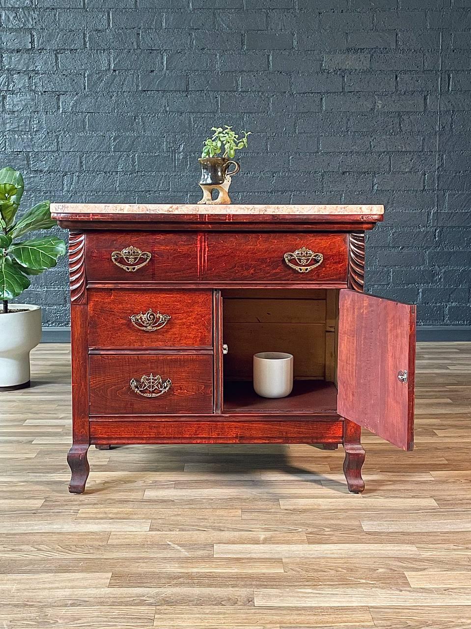 Antique Serpentine Entry Stand Dresser w/ Pink Marble Top For Sale 1