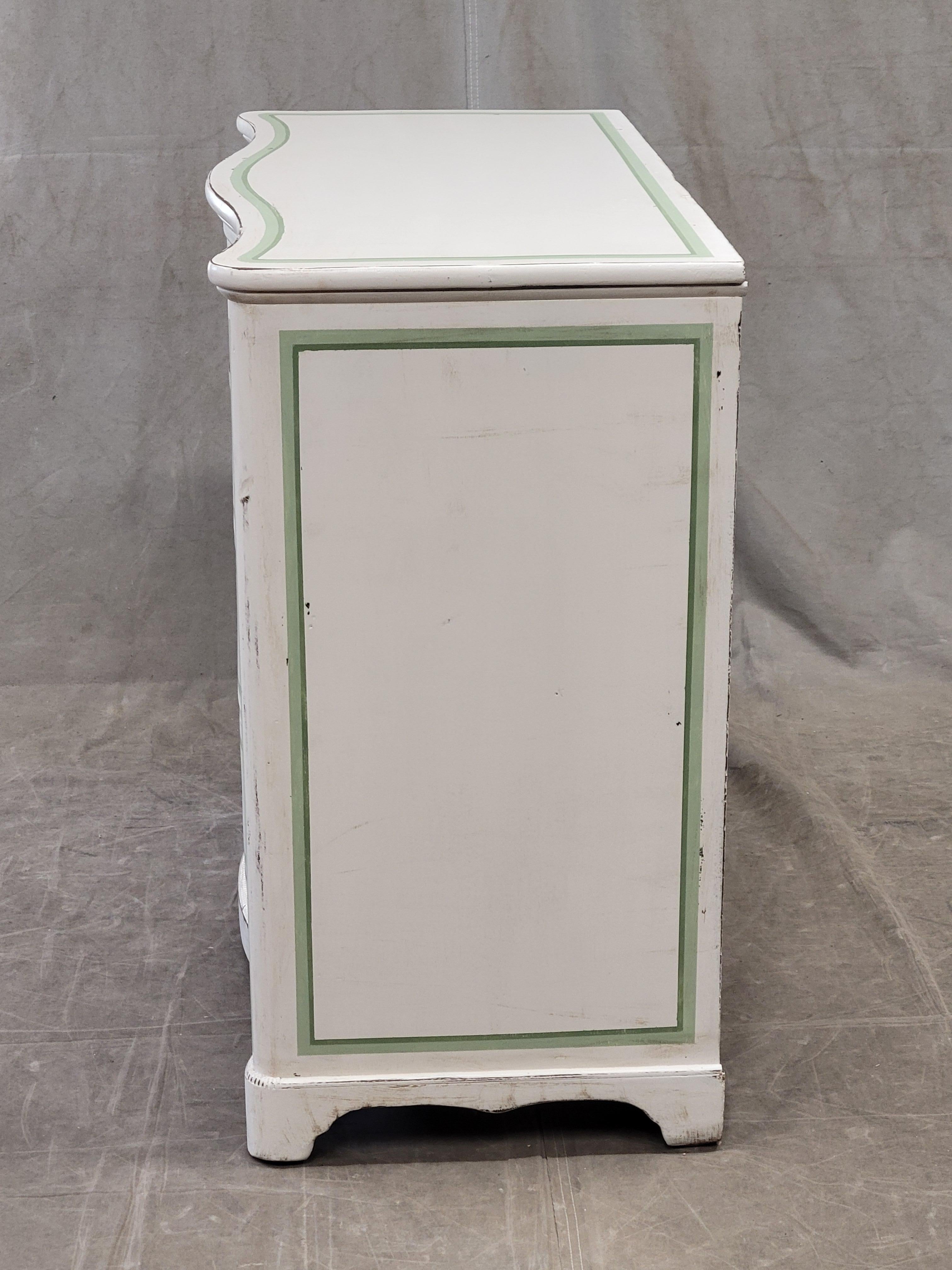 Antique Serpentine Front Dresser Painted White With Green French Line Motif For Sale 2