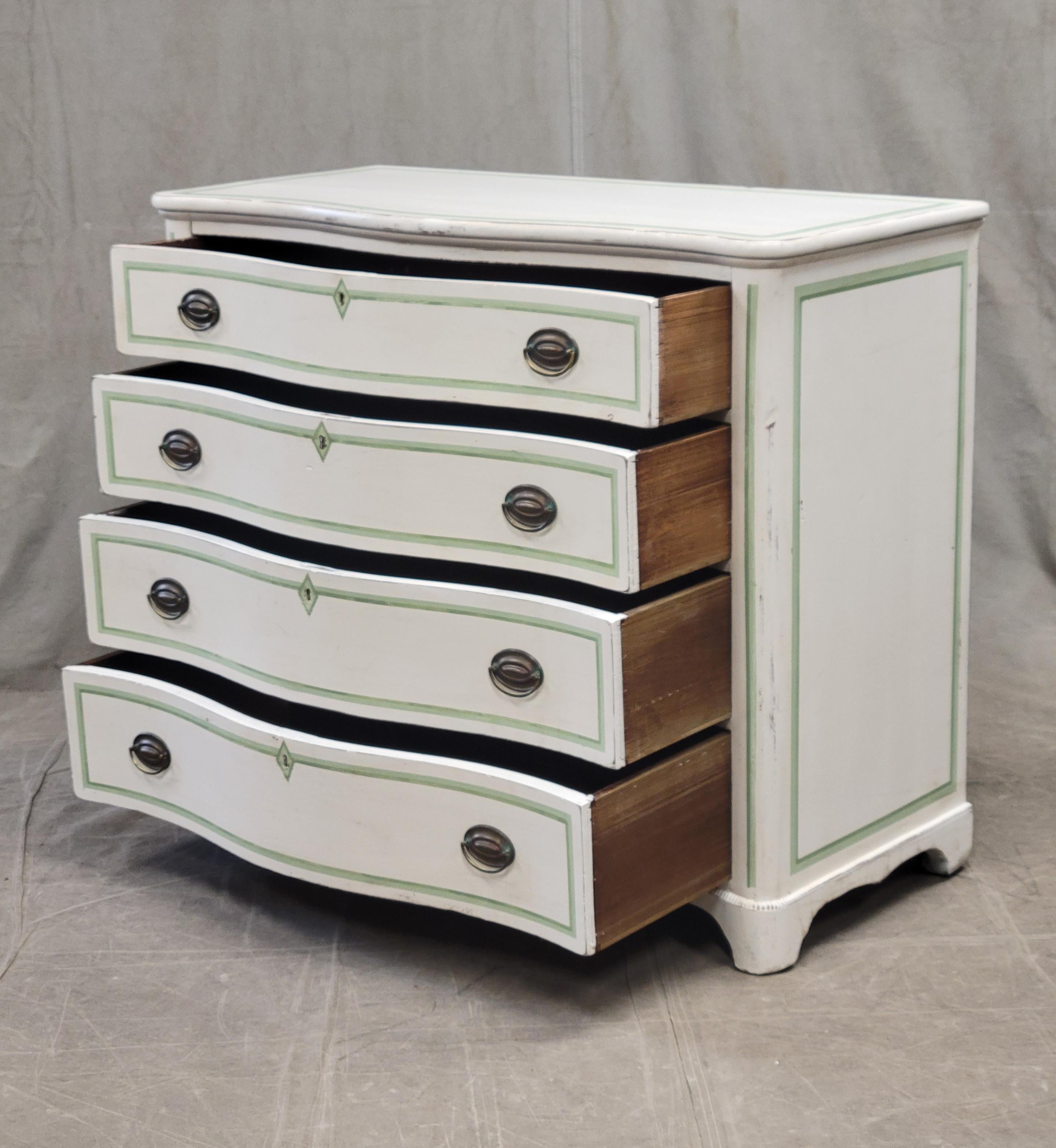 Neoclassical Antique Serpentine Front Dresser Painted White With Green French Line Motif For Sale
