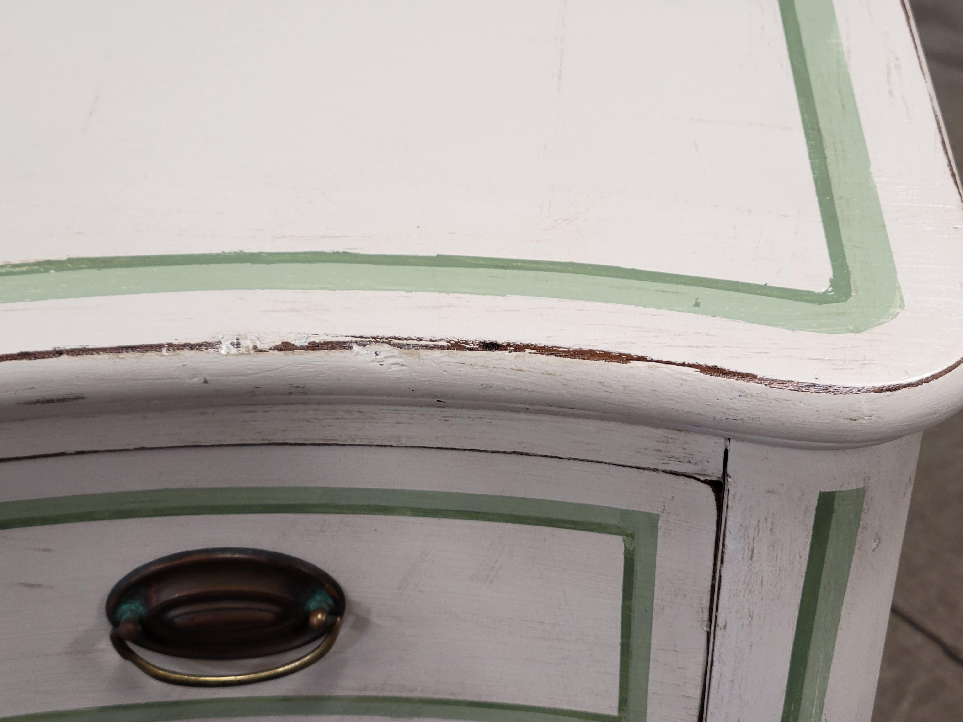 Hand-Crafted Antique Serpentine Front Dresser Painted White With Green French Line Motif For Sale