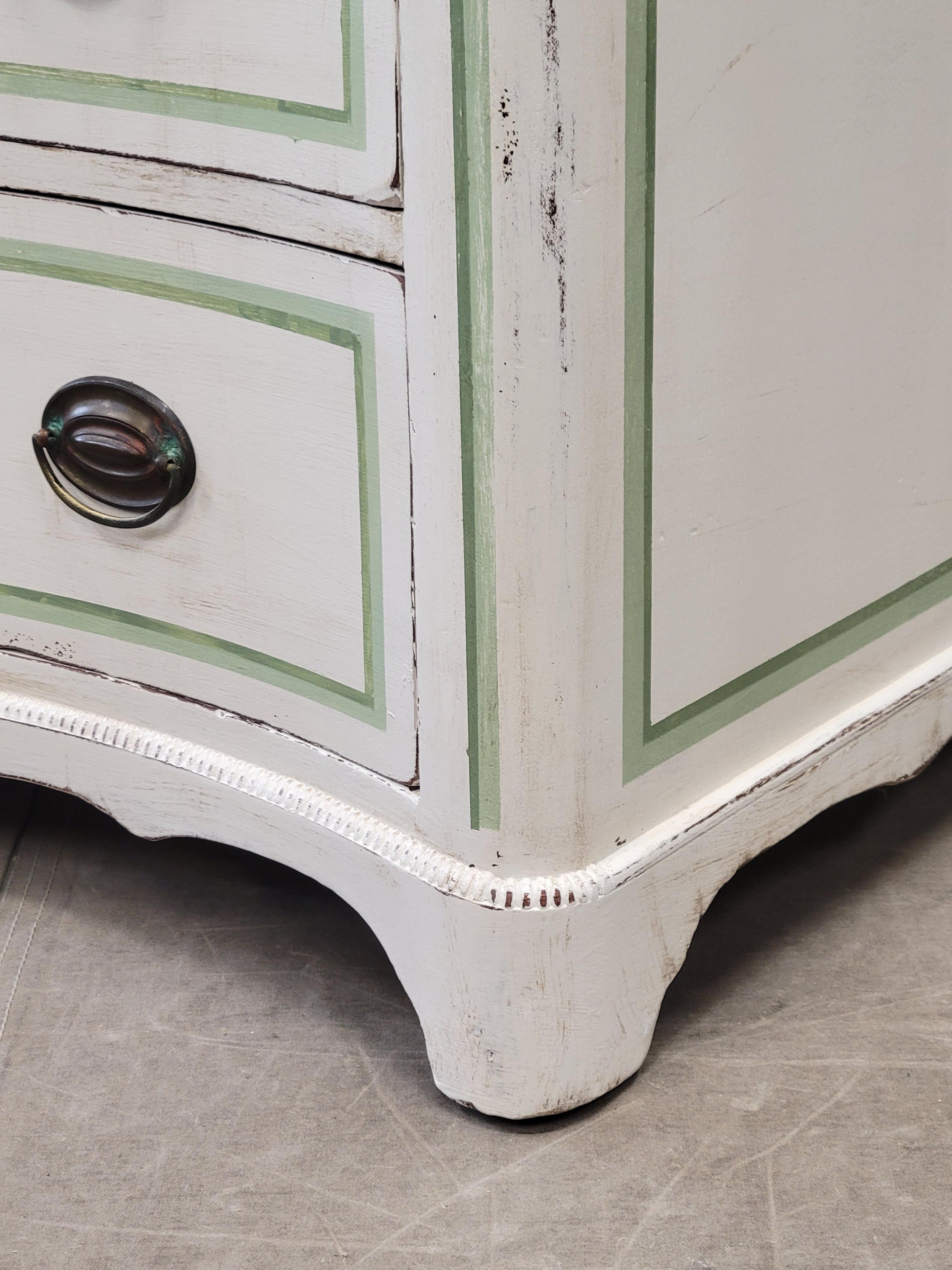 Antique Serpentine Front Dresser Painted White With Green French Line Motif In Good Condition For Sale In Centennial, CO