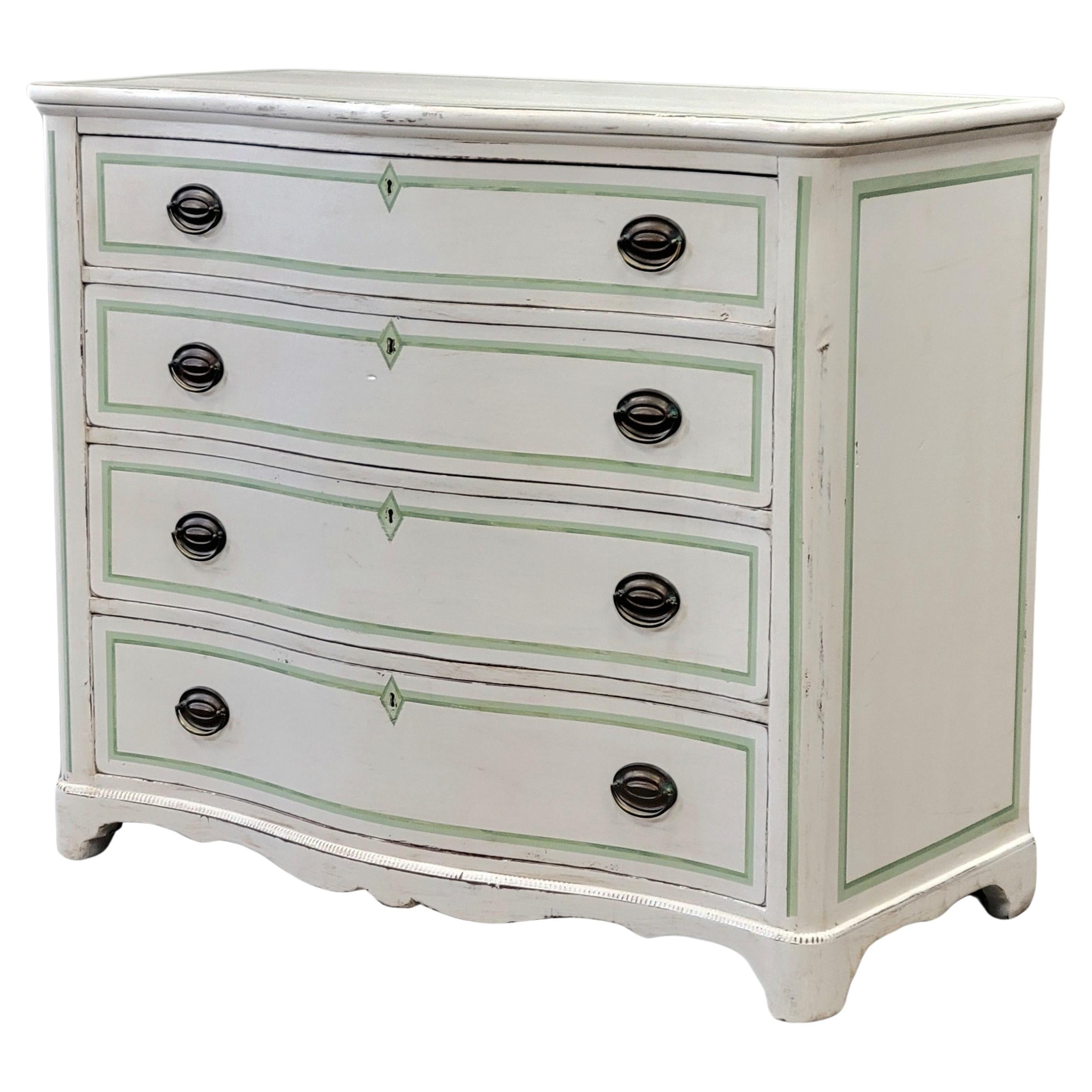 Antique Serpentine Front Dresser Painted White With Green French Line Motif For Sale