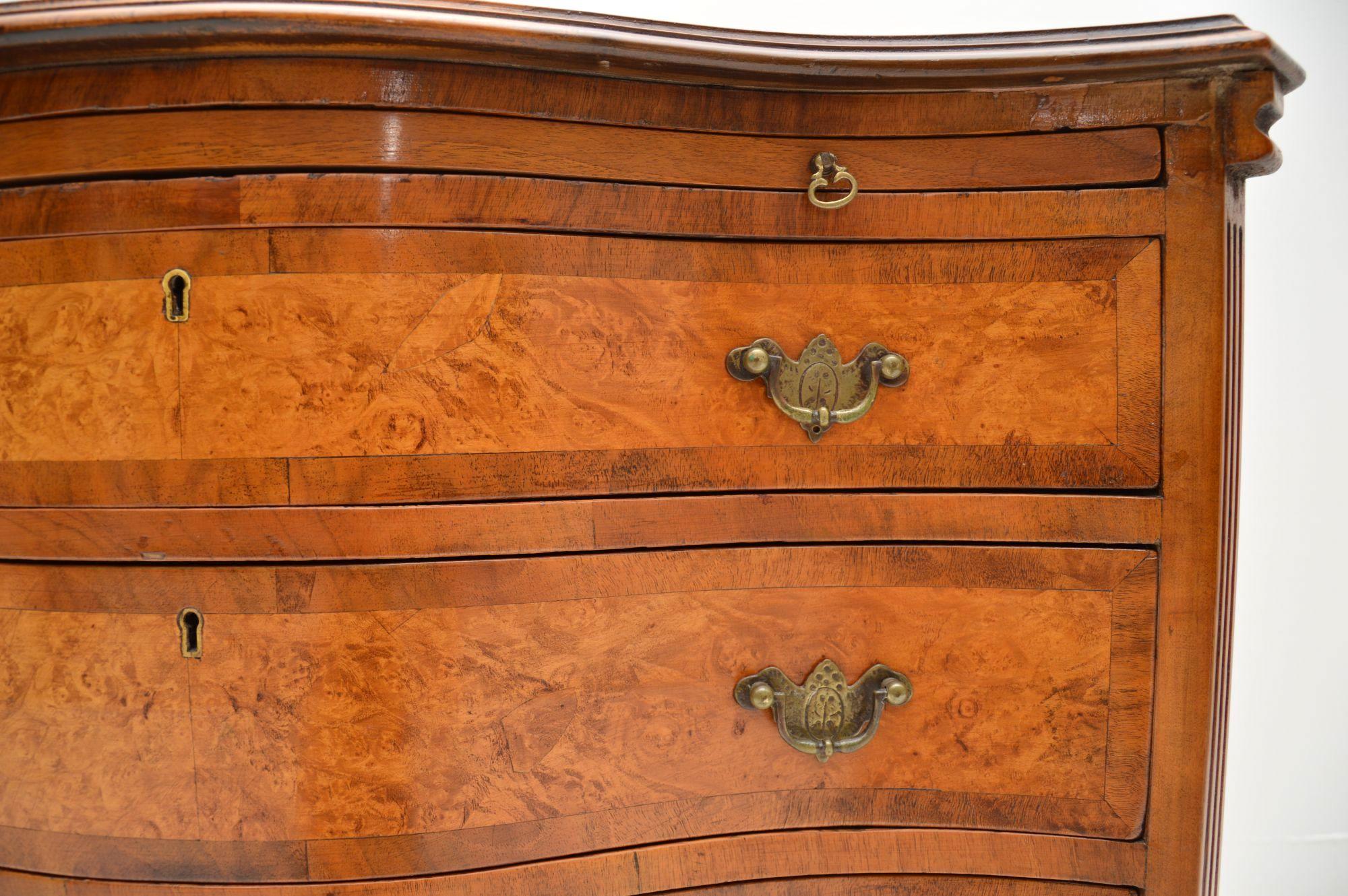 English Antique Serpentine Fronted Burr Walnut Chest of Drawers