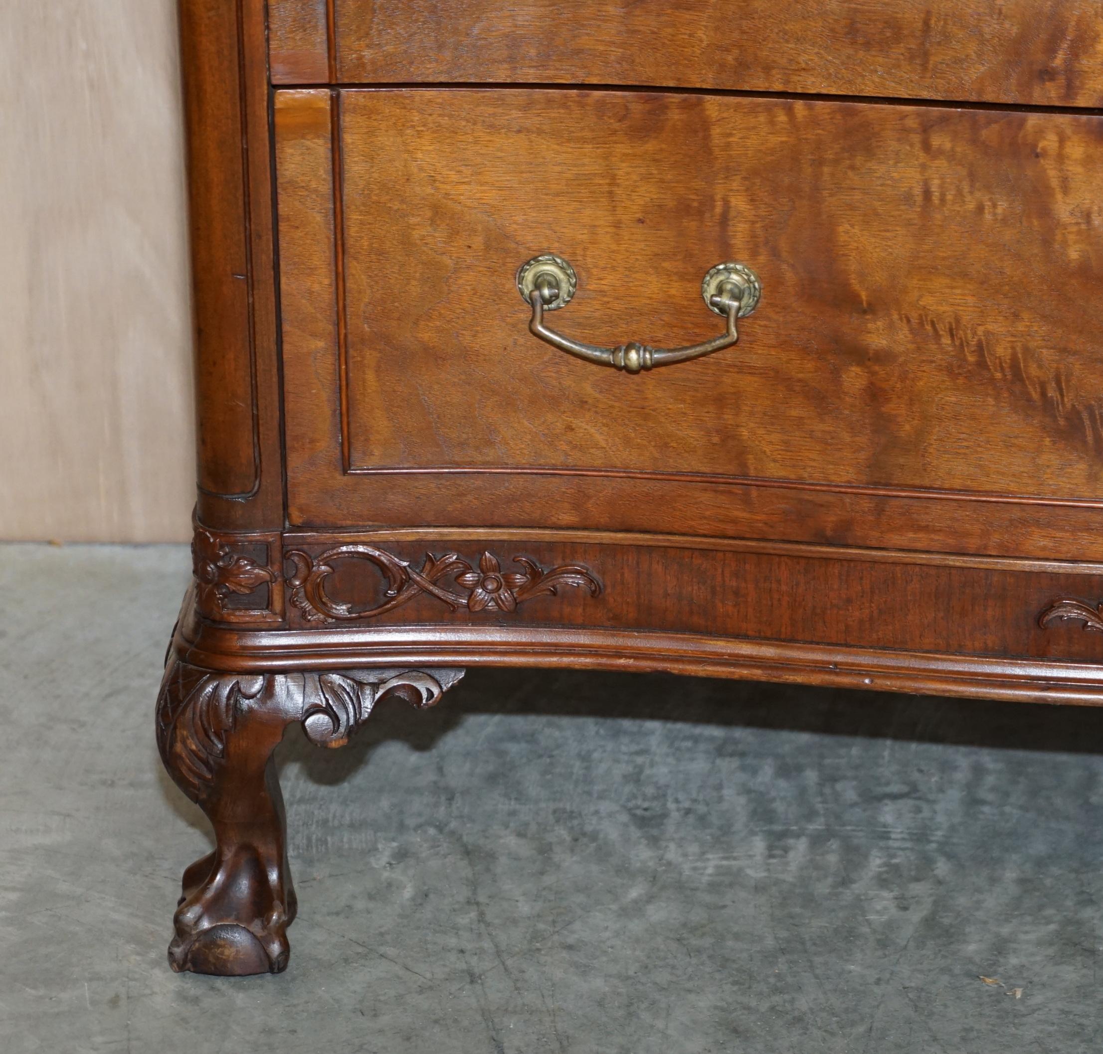 Hand-Crafted Antique Serpentine Fronted Claw & Ball Feet Flamed Hardwood Chest of Drawers For Sale