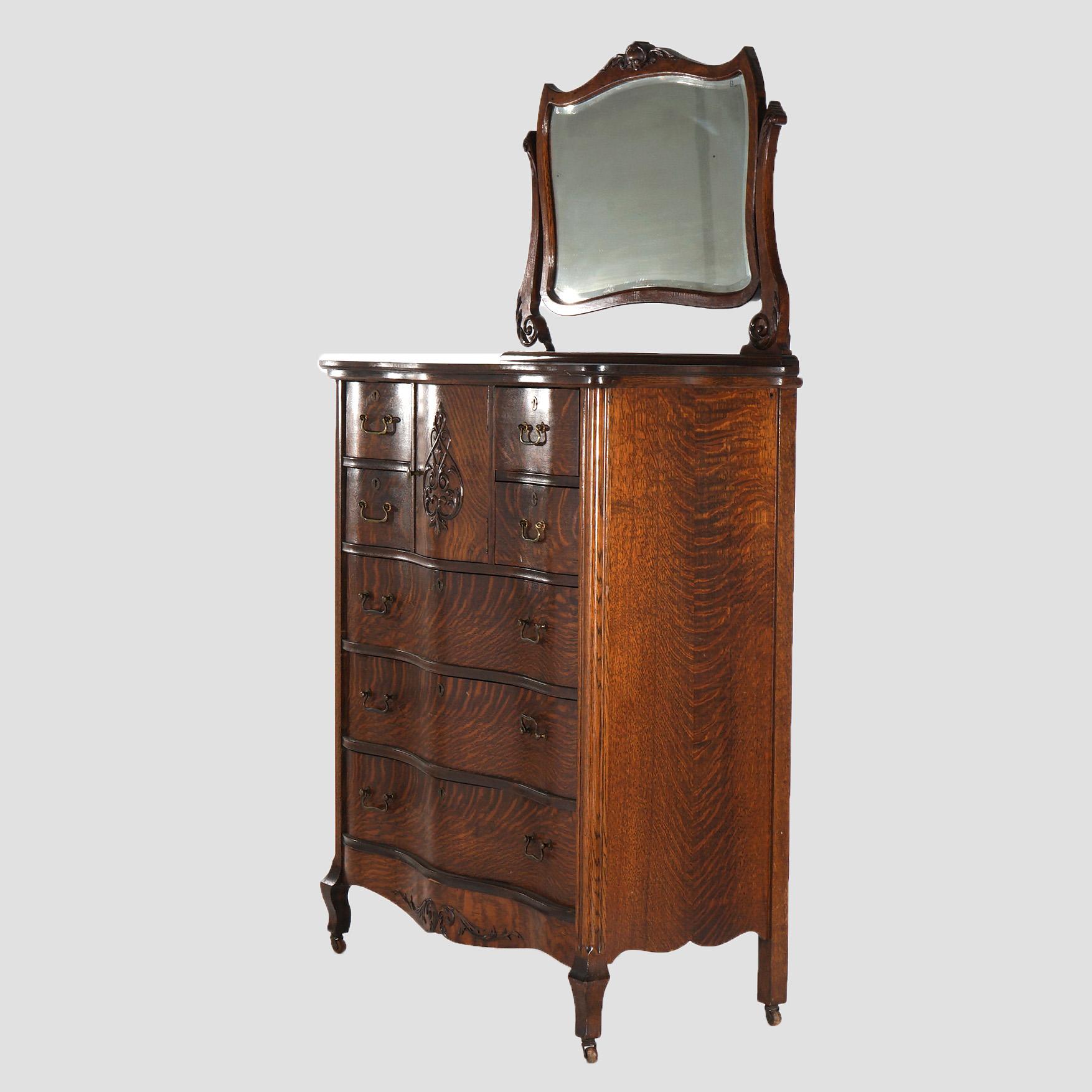 Antique Serpentine Oak Chiffonier Highboy Dresser with Mirror C1900 6