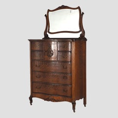 Antique Serpentine Oak Chiffonier Highboy Dresser with Mirror C1900