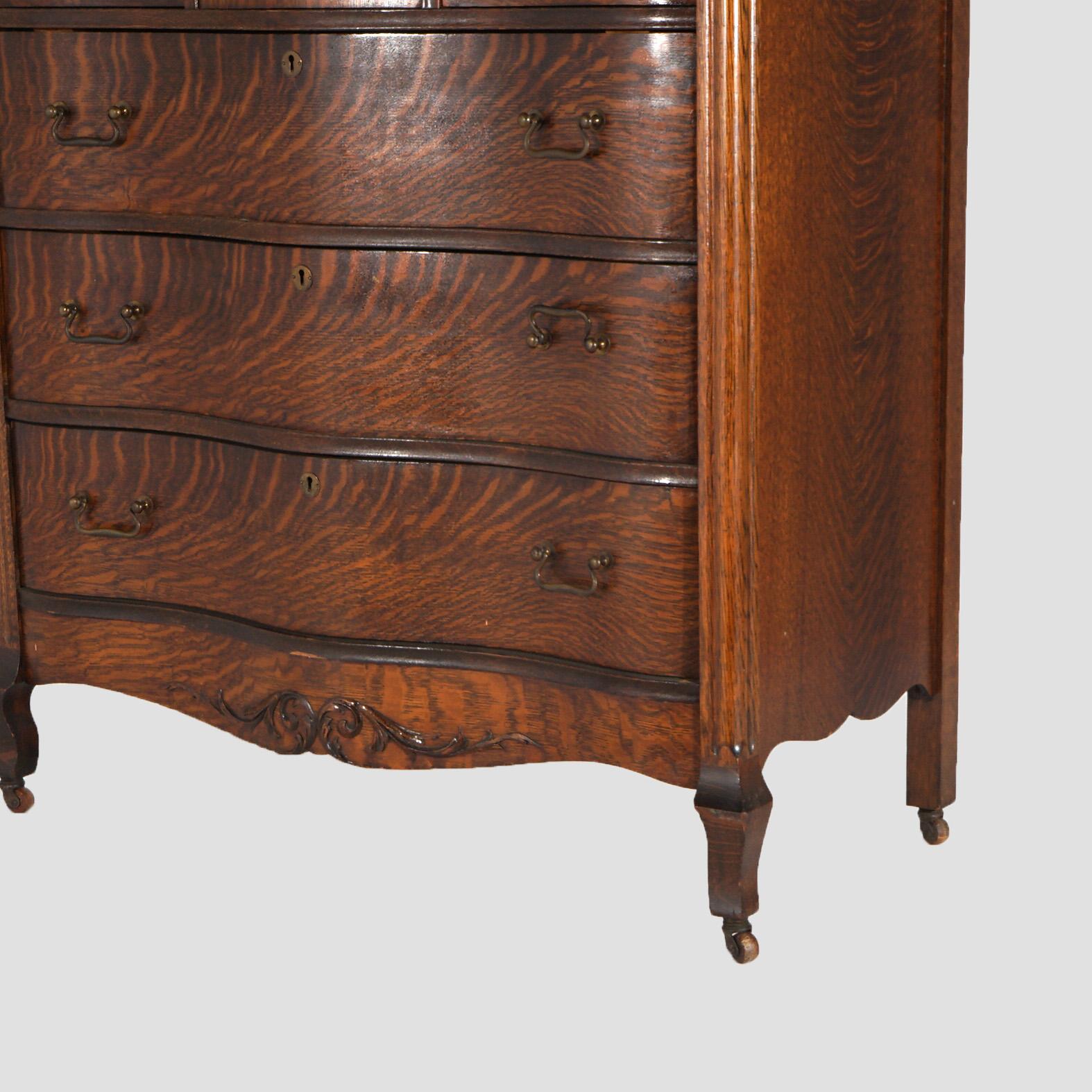 Antique Serpentine Oak Chiffonier Highboy Dresser with Mirror C1900 In Good Condition In Big Flats, NY
