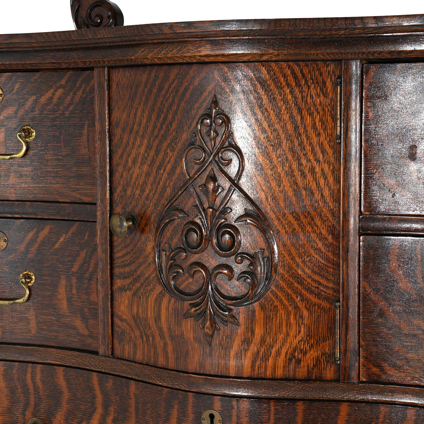 20th Century Antique Serpentine Oak Chiffonier Highboy Dresser with Mirror C1900