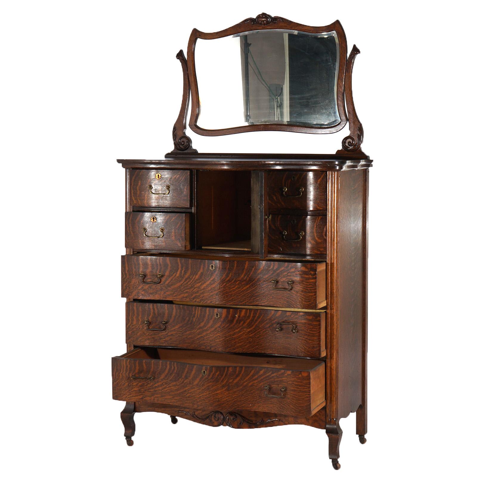 Antique Serpentine Oak Chiffonier Highboy Dresser with Mirror C1900 1
