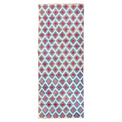 Antico tappeto indiano di cotone Dhurrie, blu indaco e rosso sbiadito, circa 1920, a tessitura piatta