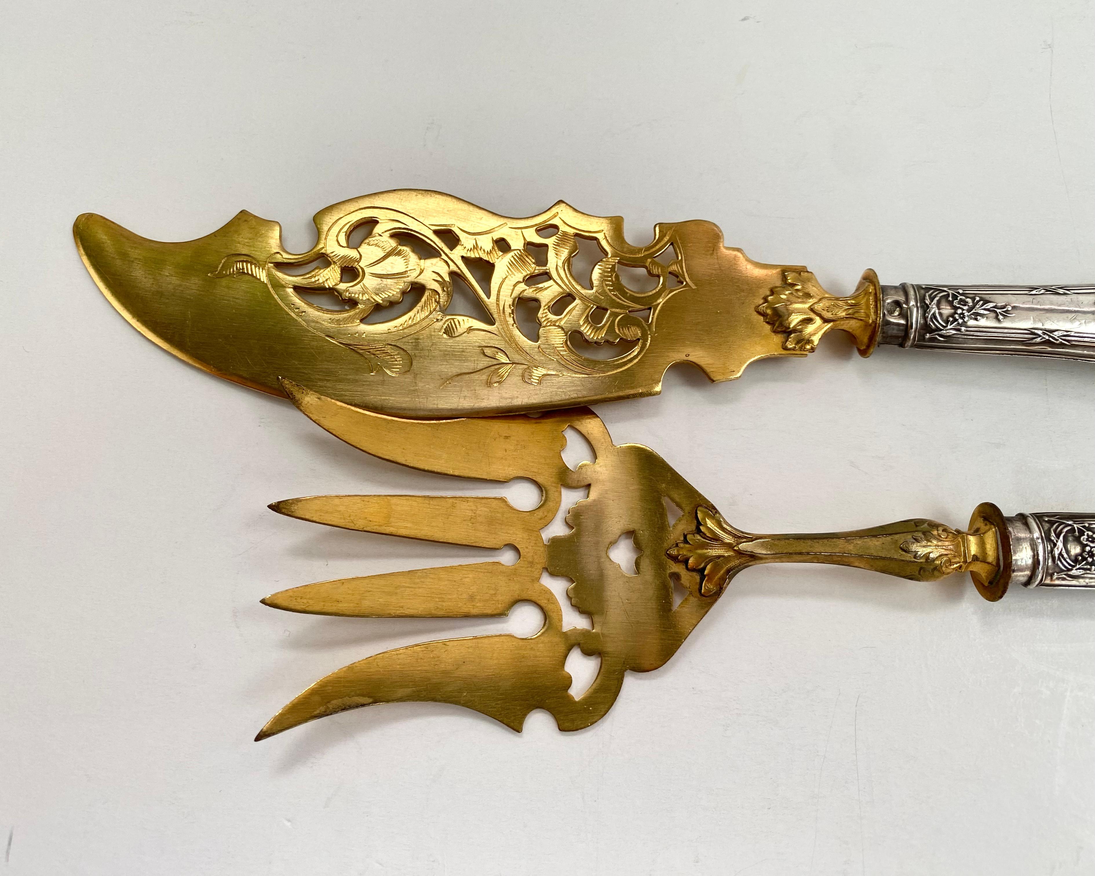 Antikes Servierbesteck für Fisch, Messer und Gabel, Frankreich, 1930  Jugendstil-Besteck (Metall)